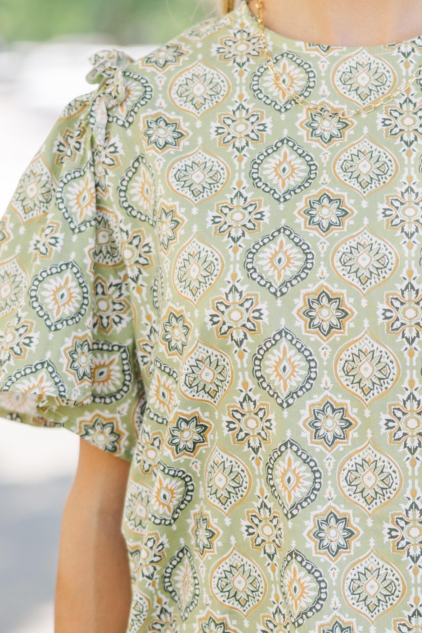 How I Feel Sage Green Medallion Blouse Female Product Image