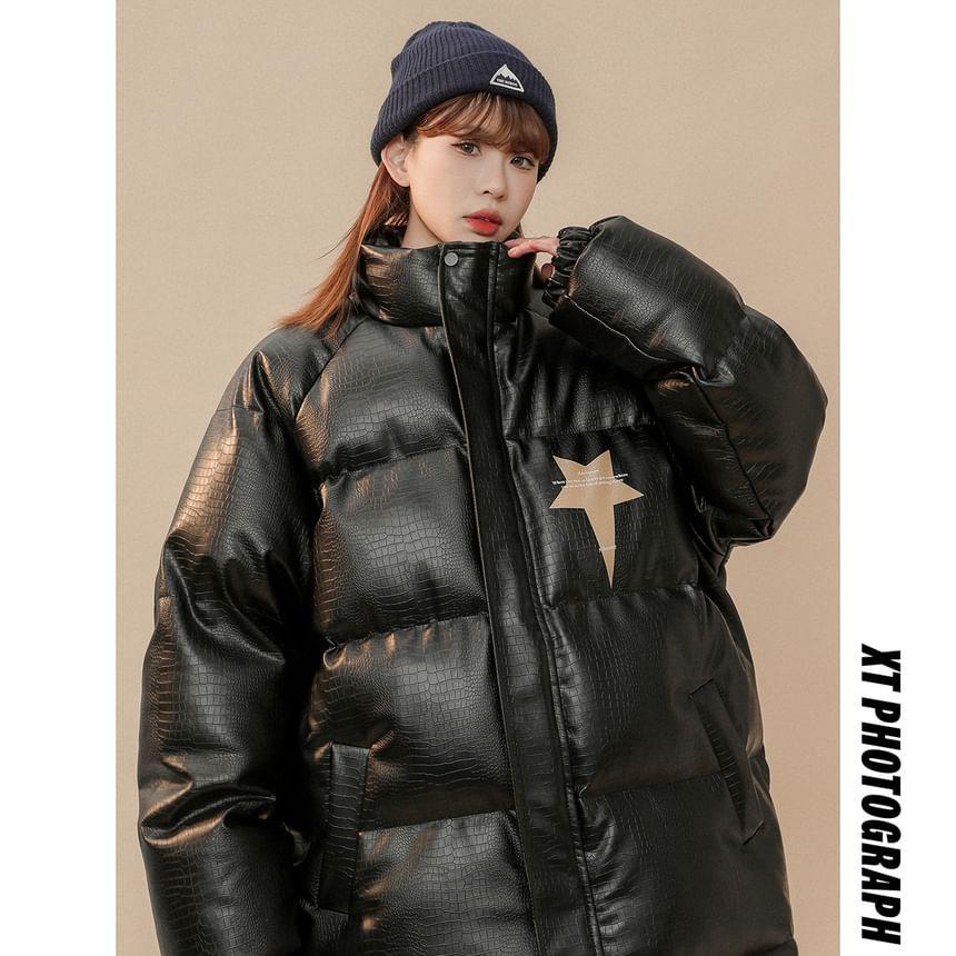 Stand Collar Star Print Crocodile Grain Faux Leather Zip Puffer Jacket Product Image