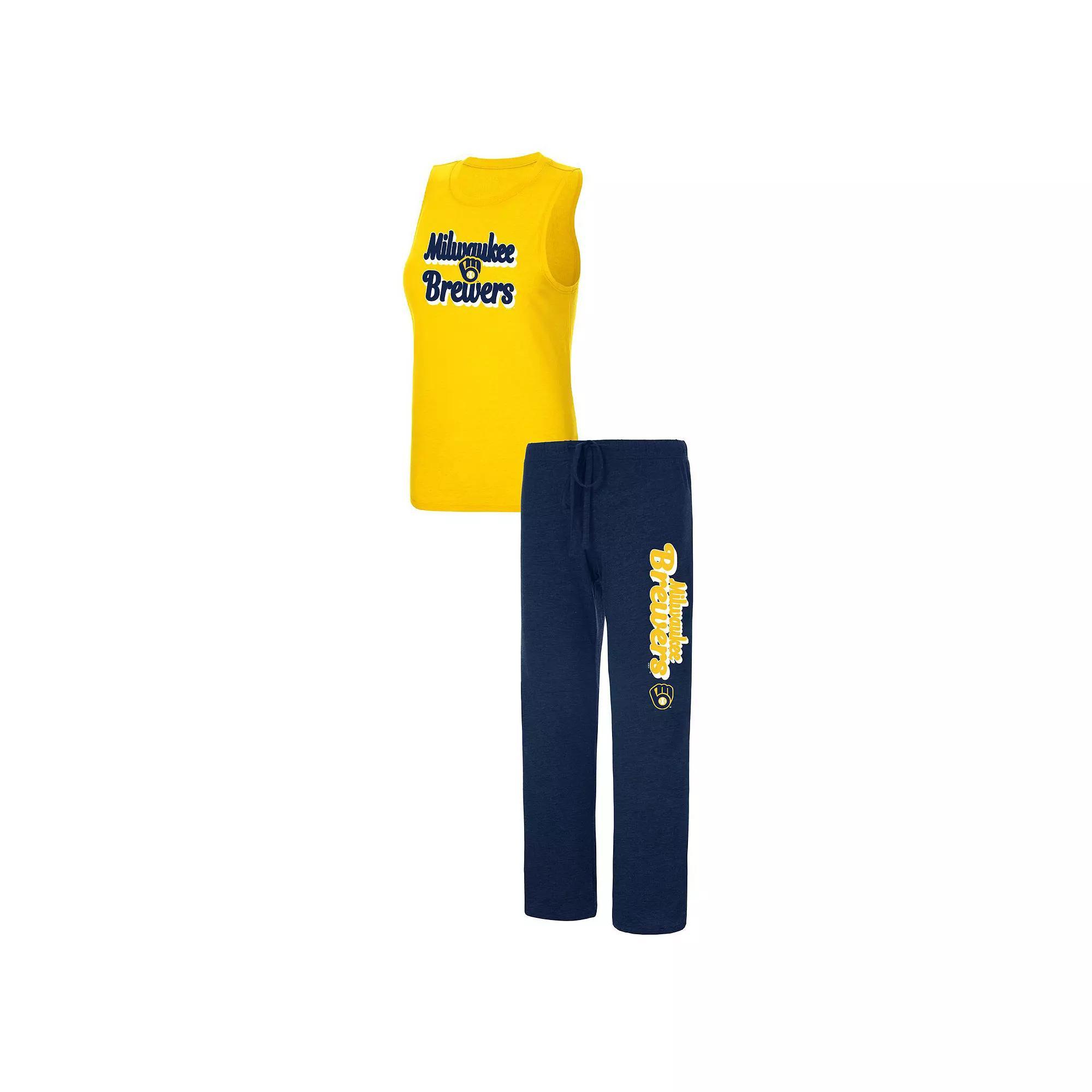 Women's Concepts Sport Navy/Gold Milwaukee Brewers Wordmark Meter Muscle Tank Top & Pants Sleep Set, Size: XL, Blue Product Image