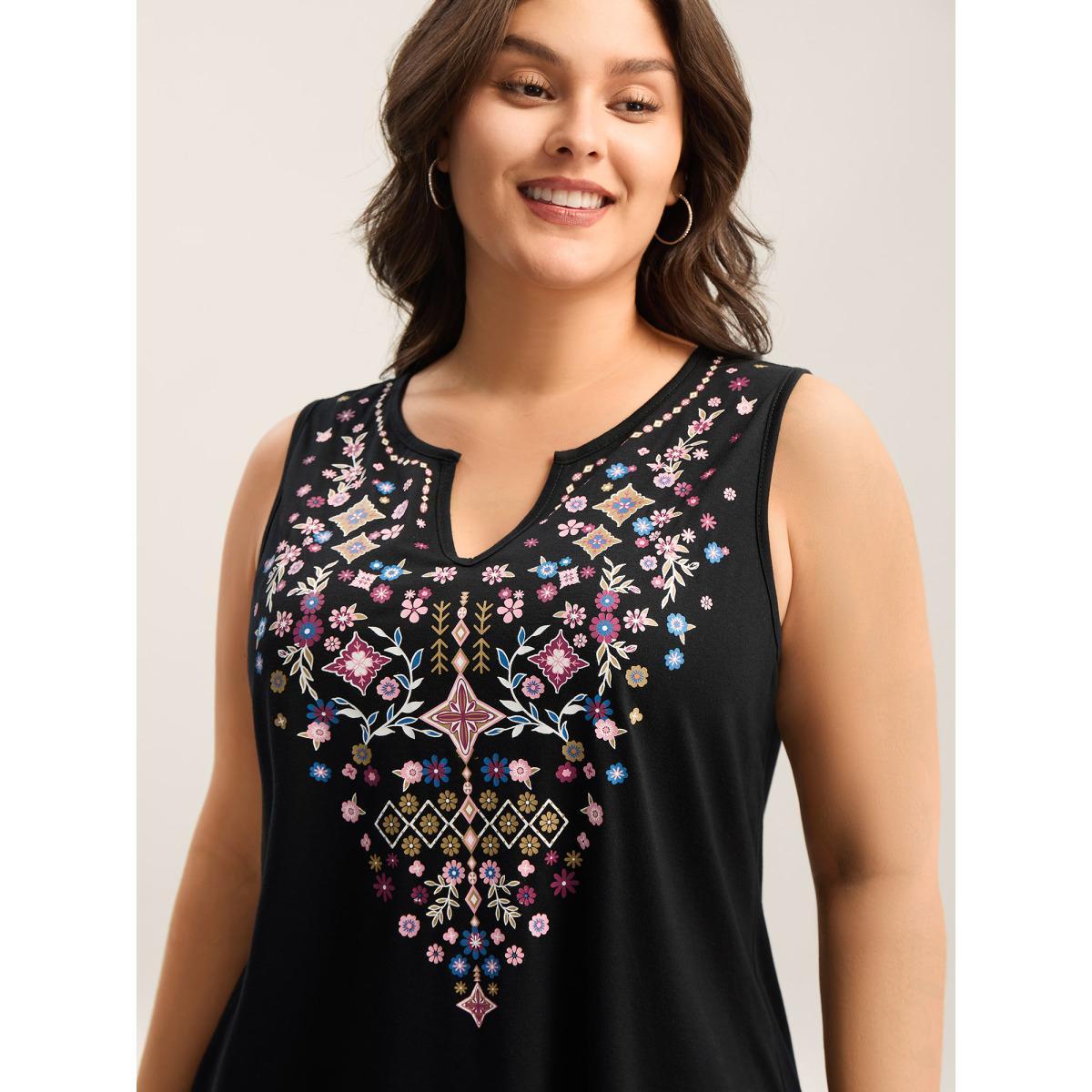 Plus Size Stretchy Boho Print Tank Top Women Black Non Flat collar with V-notch Everyday-Casual Tank Tops Camis BloomChic 14-16/1X Product Image