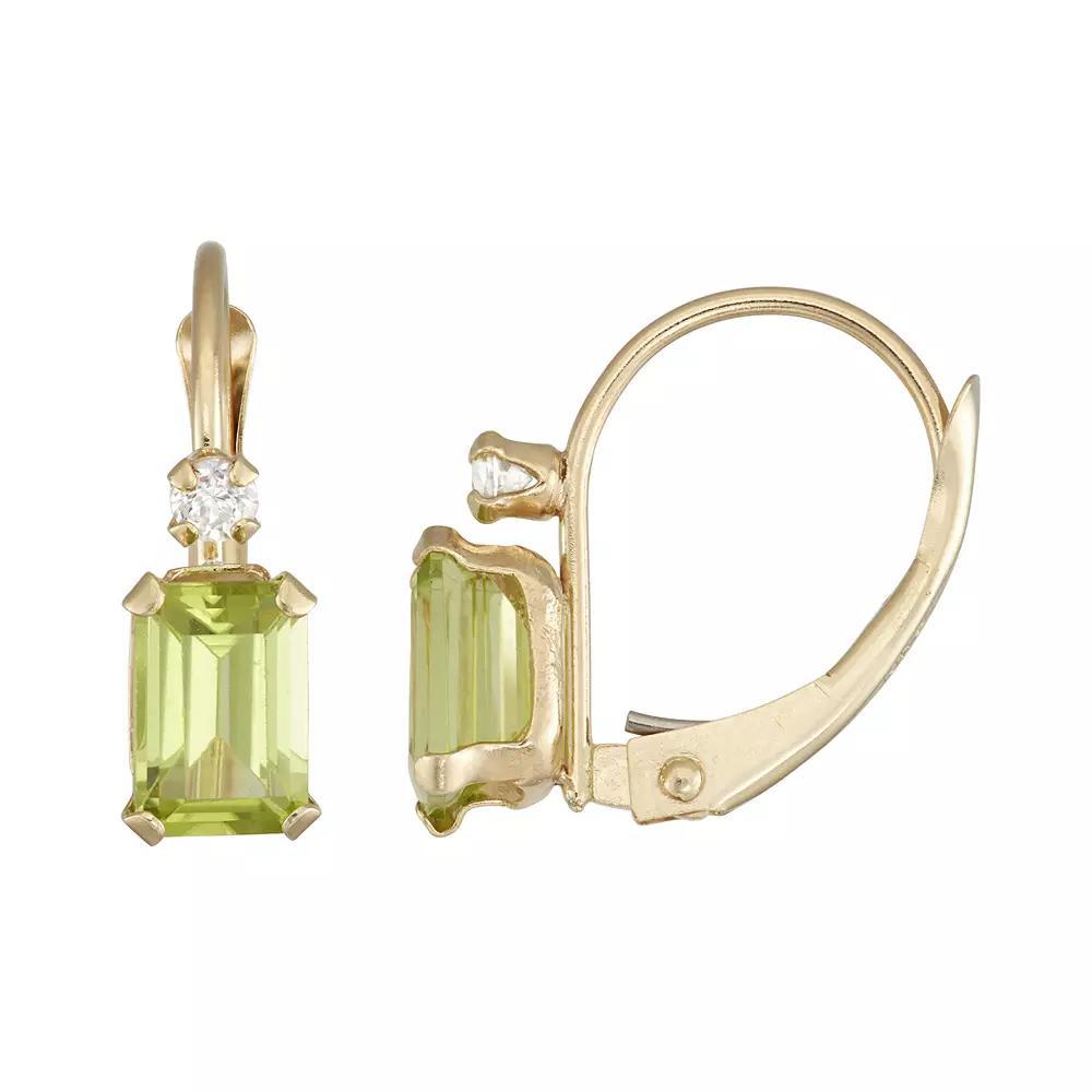 Designs by Gioelli 10k Gold Emerald-Cut Peridot & White Zircon Leverback Earrings, Womens, Green Product Image