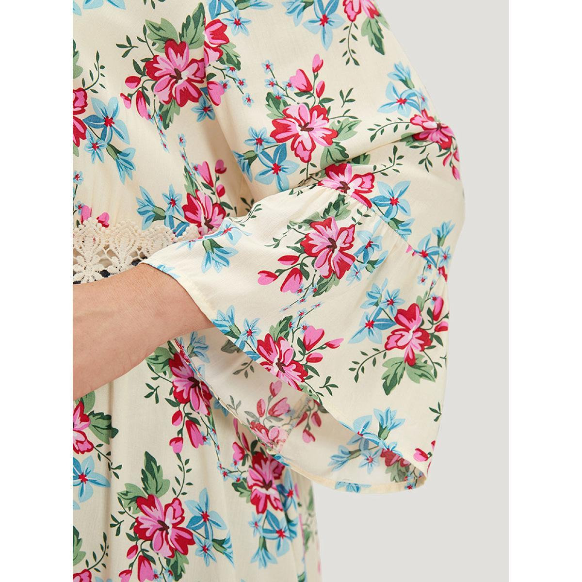 Plus Size Floral Print Open Front Knot Guipure Lace Ruffles Kimono Women Beige Vacation Printed Dailywear Kimonos BloomChic 22-24/3X Product Image