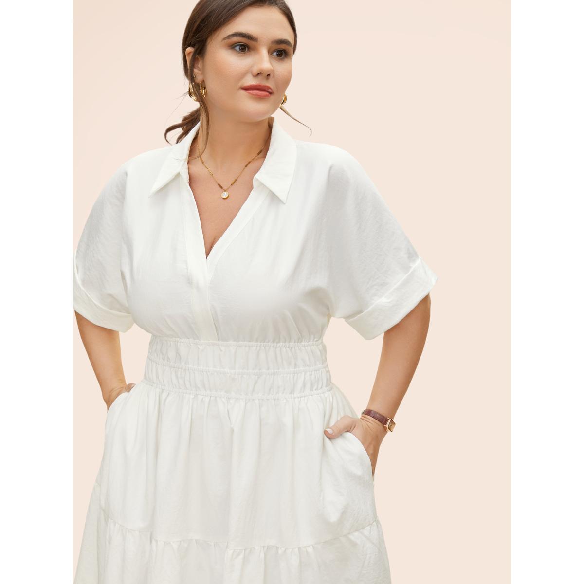 Plus Size Midfield Tiered Midi Shirt Dress Originalwhite Women At the Office Gathered Shirt collar Short sleeve Curvy BloomChic 10/M Product Image