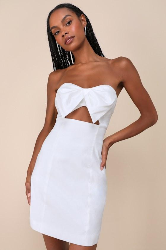 Especially Perfect White Taffeta Bow Cutout Strapless Mini Dress Product Image