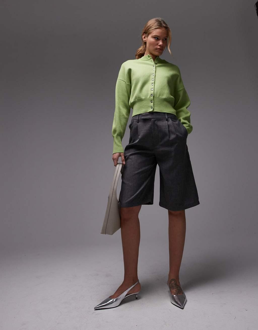 Topshop knit compact fitted waist cardigan in green Product Image