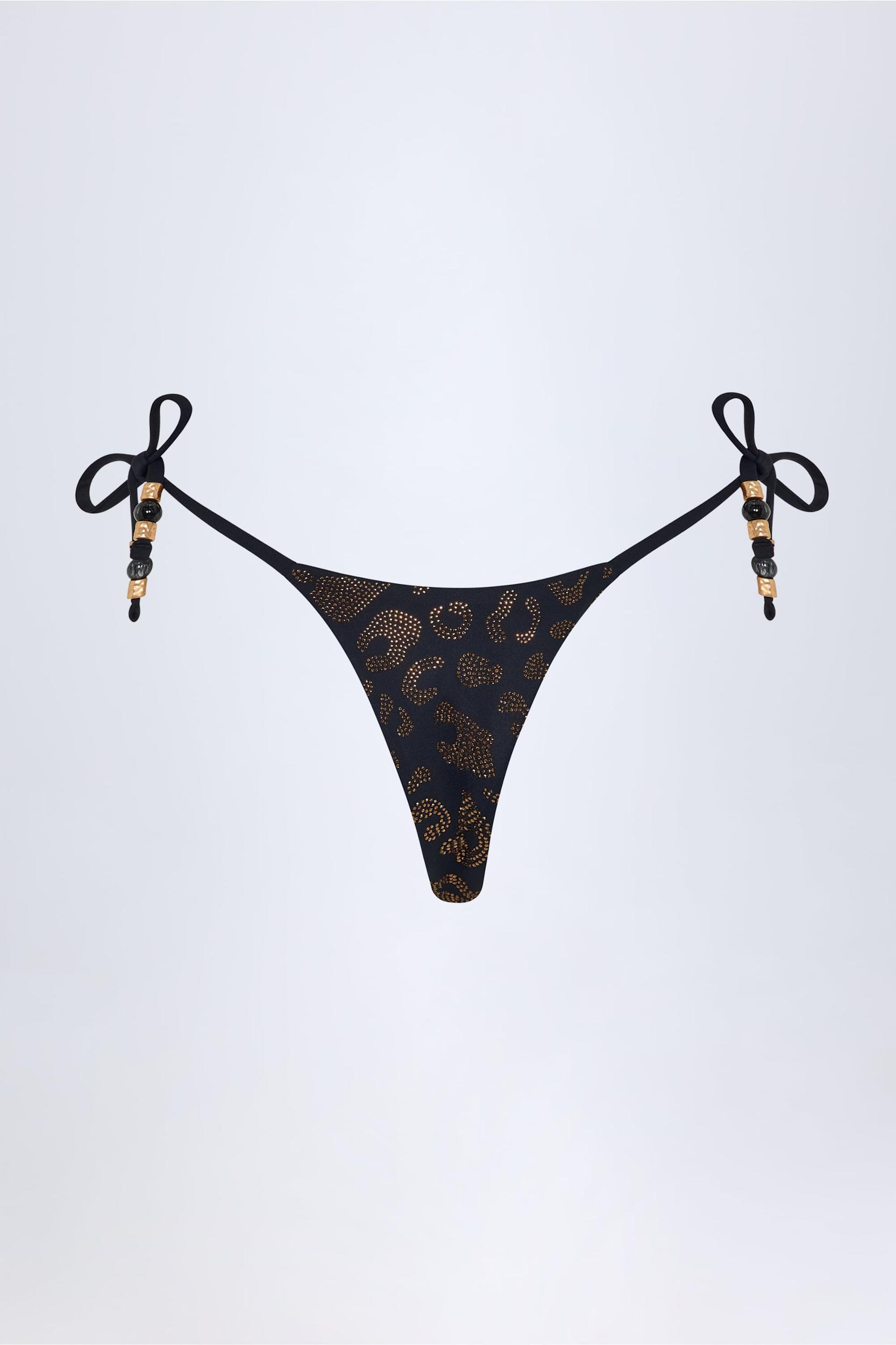 Side-Tie Bead Thong Bikini Bottoms in Black Leopard Hotfix Product Image