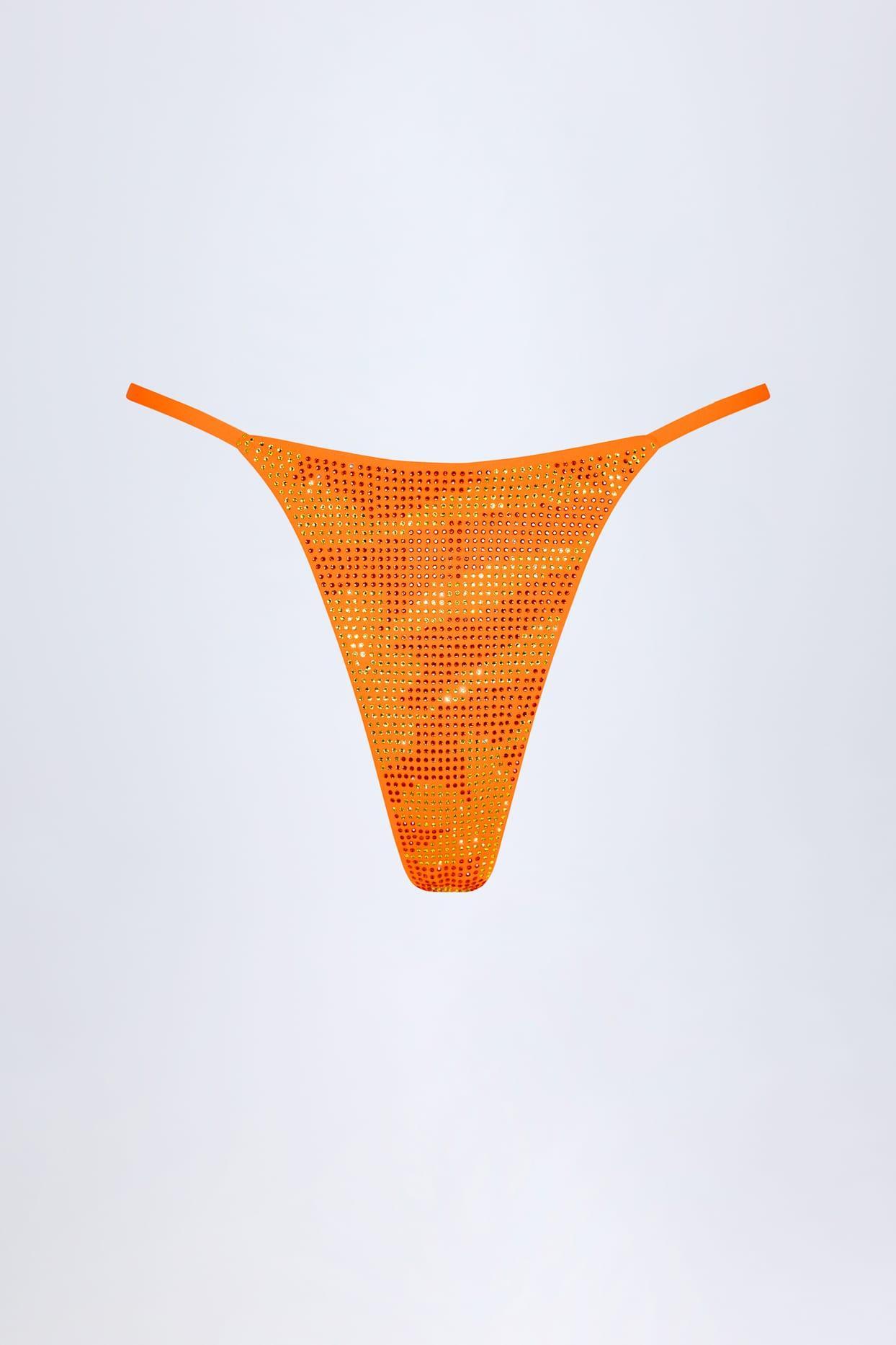 Embellished Thong Bikini Bottoms in Orange Tropical Hotfix Product Image