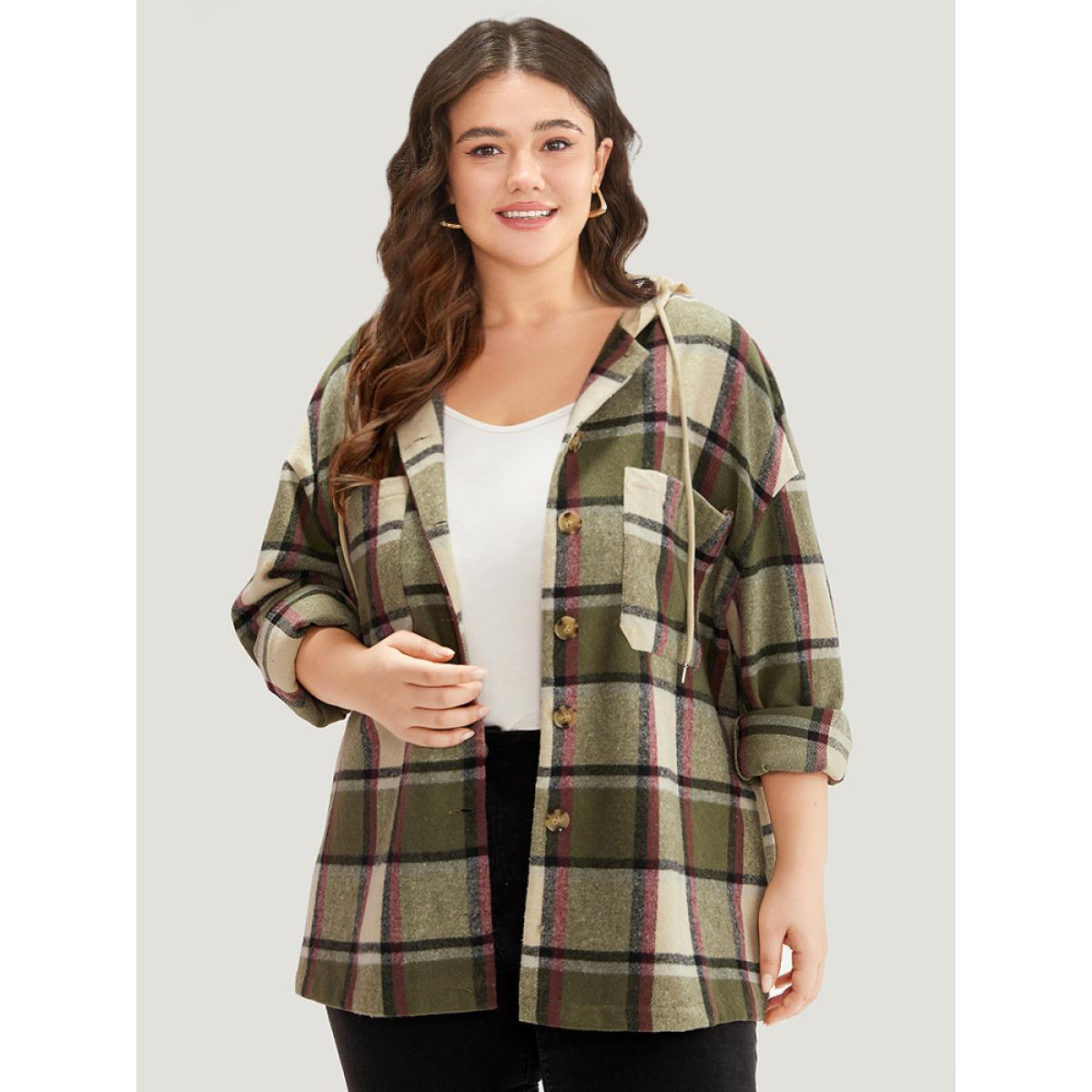 Plus Size Plaid Hooded Drawstring Pocket Coat Women Multicolor Contrast Pocket Dailywear Jackets BloomChic 10/M Product Image
