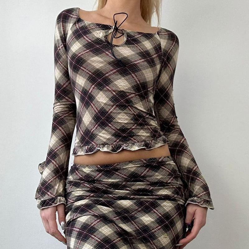 Long Sleeve Boat Neck Plaid Tie Front Top Product Image
