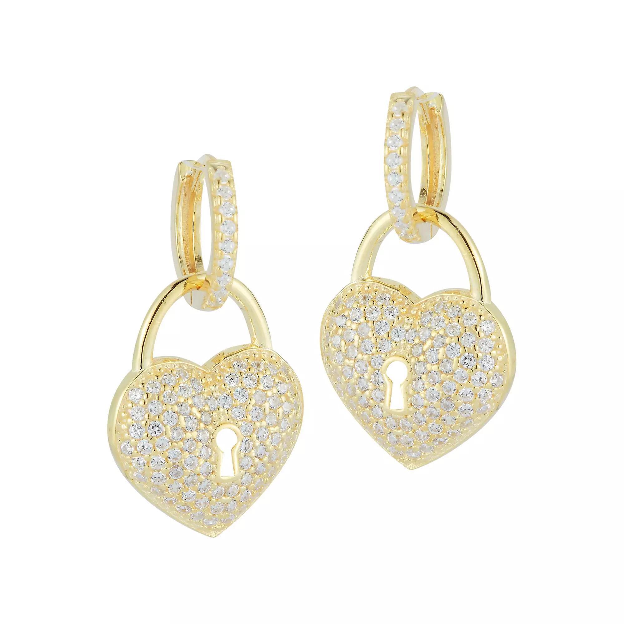 Sunkissed Sterling 14k Gold Over Silver Cubic Zirconia Heart Charm Huggie Hoop Earrings, Women's, Gold Tone Product Image