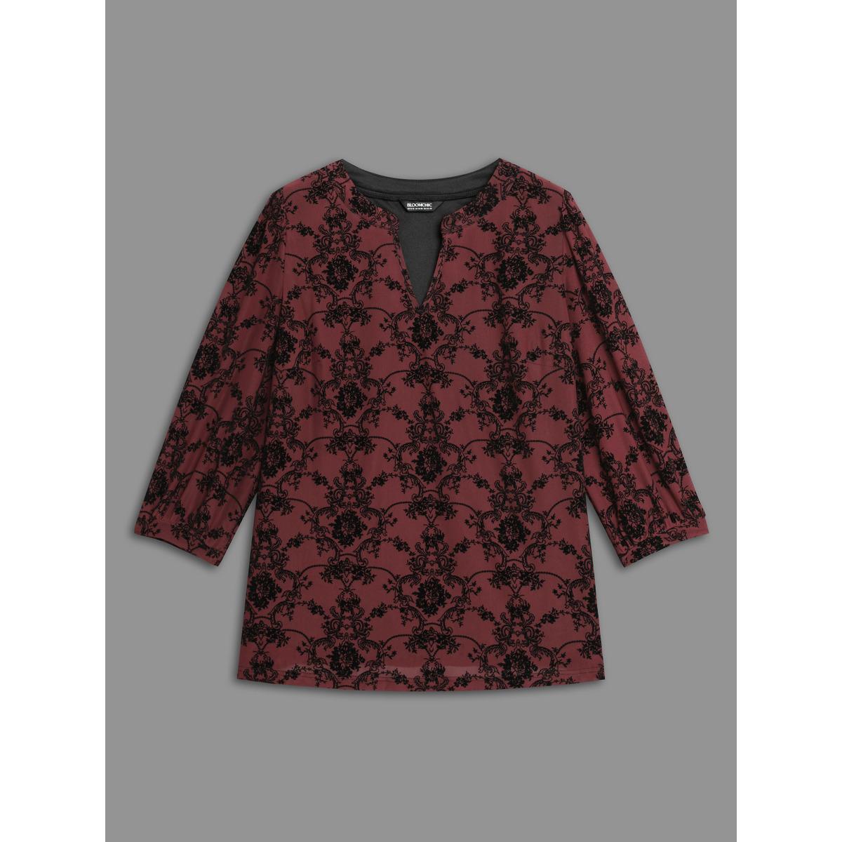 Plus Size Burgundy Boho Print Flocking Mesh Blouse Women Elegant Elbow-length sleeve Flat collar with V-notch Everyday Blouses BloomChic 26/4X Product Image