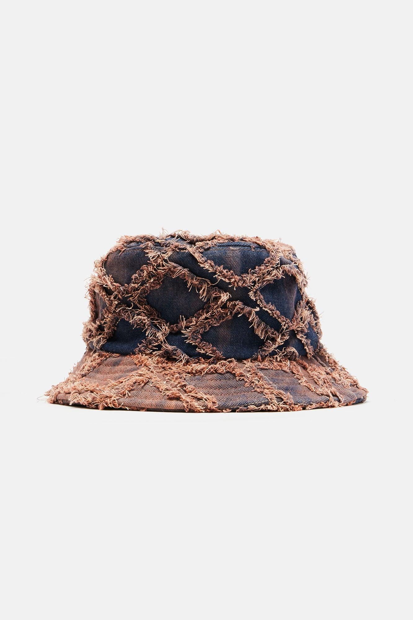 Frayed Denim Bucket Hat - Brown Product Image