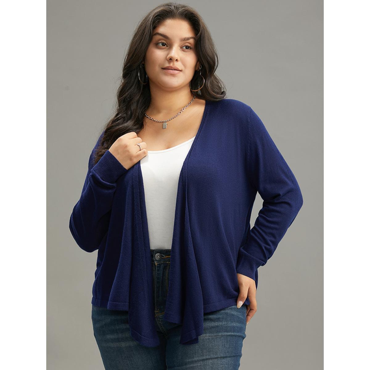 Plus Size Supersoft Essentials Asymmetrical Hem Elastic Cuffs Cardigan Indigo Women Basics Loose Long Sleeve Everyday Cardigans BloomChic 30/6X Product Image