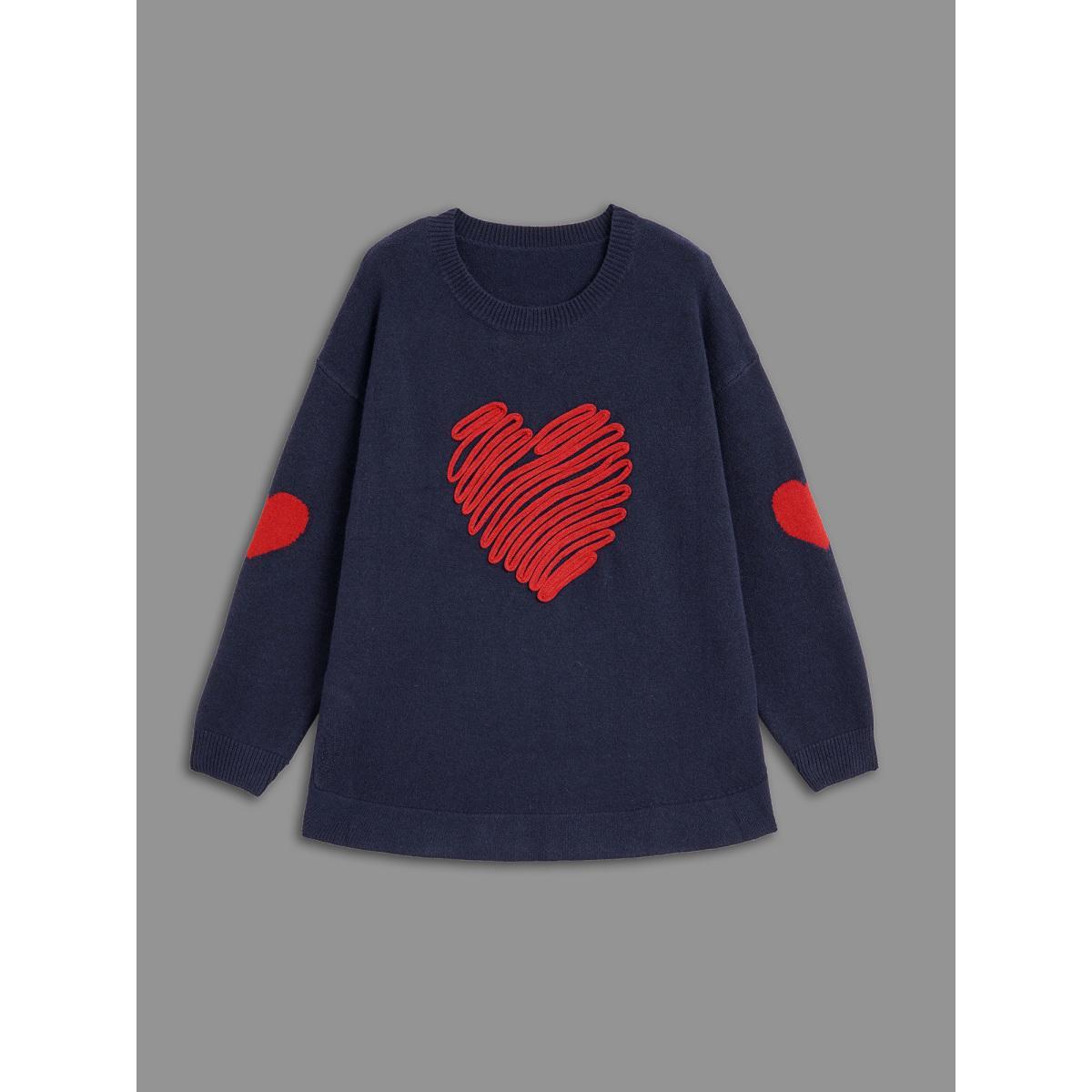 Plus Size Supersoft Heart Pattern Cardigan Indigo Women Casual Loose Long Sleeve Round Neck Everyday Pullovers BloomChic 12/L Product Image