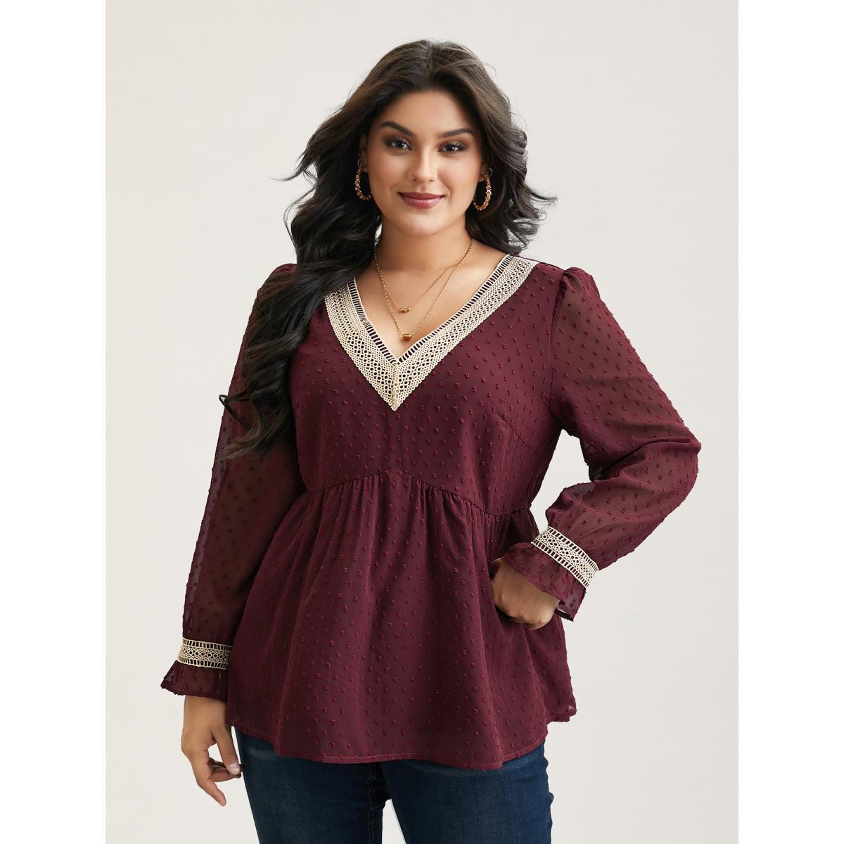 Plus Size Burgundy Contrast Webbing Cut-Out Stretchy-Waist Blouse Women Elegant Extra Long Sleeve V-neck Everyday Blouses BloomChic 12/L Product Image