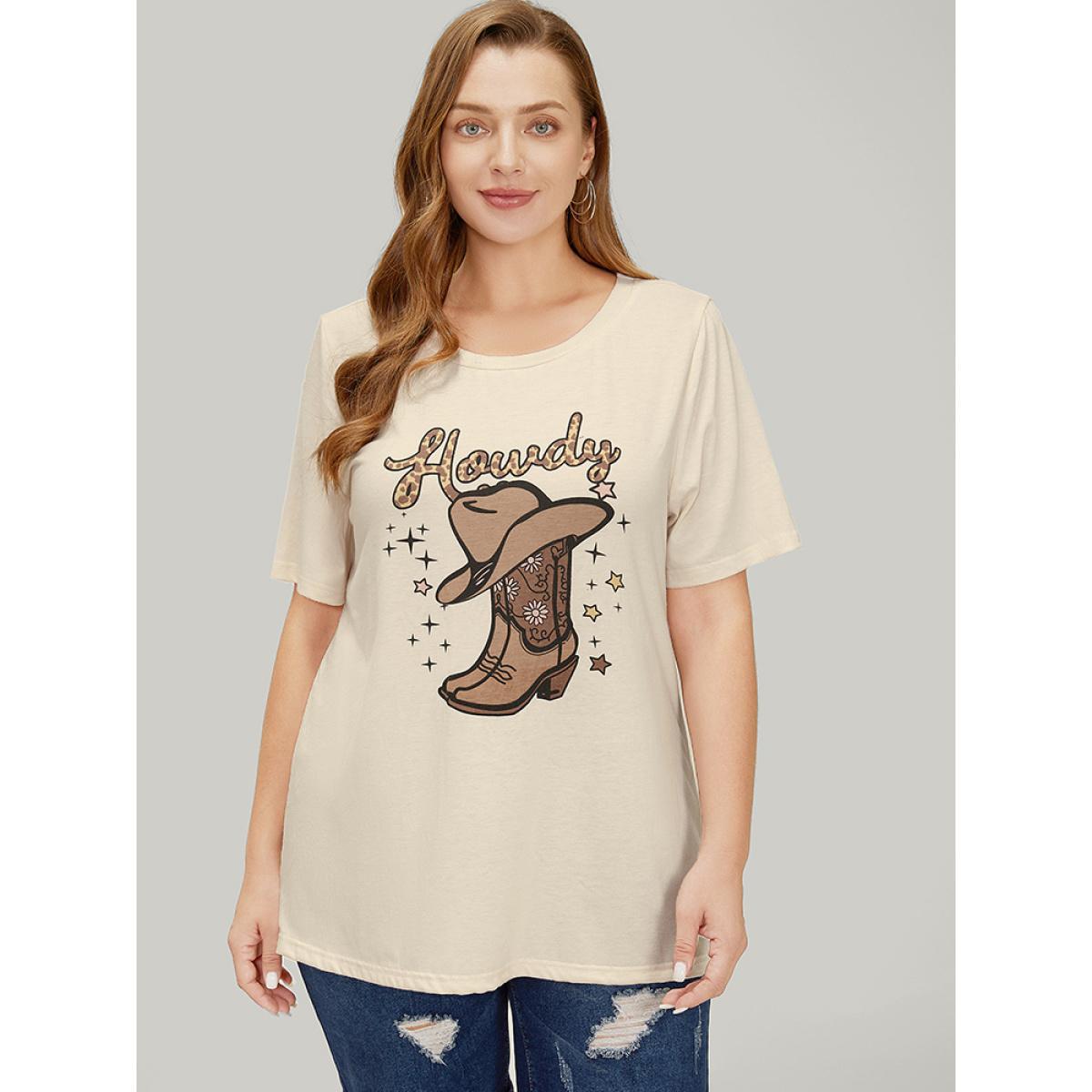 Plus Size Boots & Hat Print Drop Shoulder Graphic T-shirt Apricot Women Casual Western Dailywear T-shirts BloomChic 22-24/3X Product Image