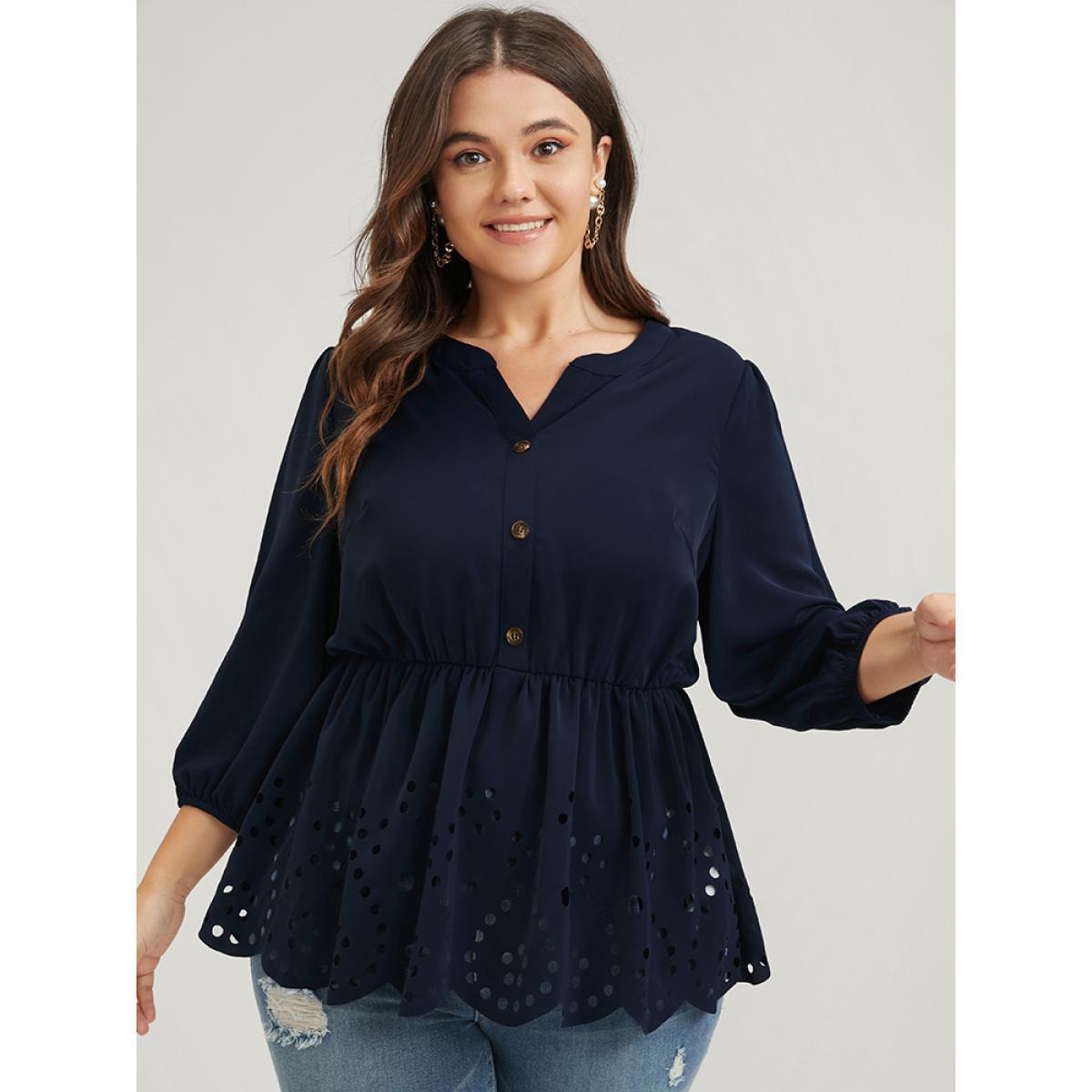 Plus Size DarkBlue Solid Cut Out Ruffles Button Lantern Sleeve Blouse Women Office Elbow-length sleeve V-neck Work Blouses BloomChic 28/5X Product Image