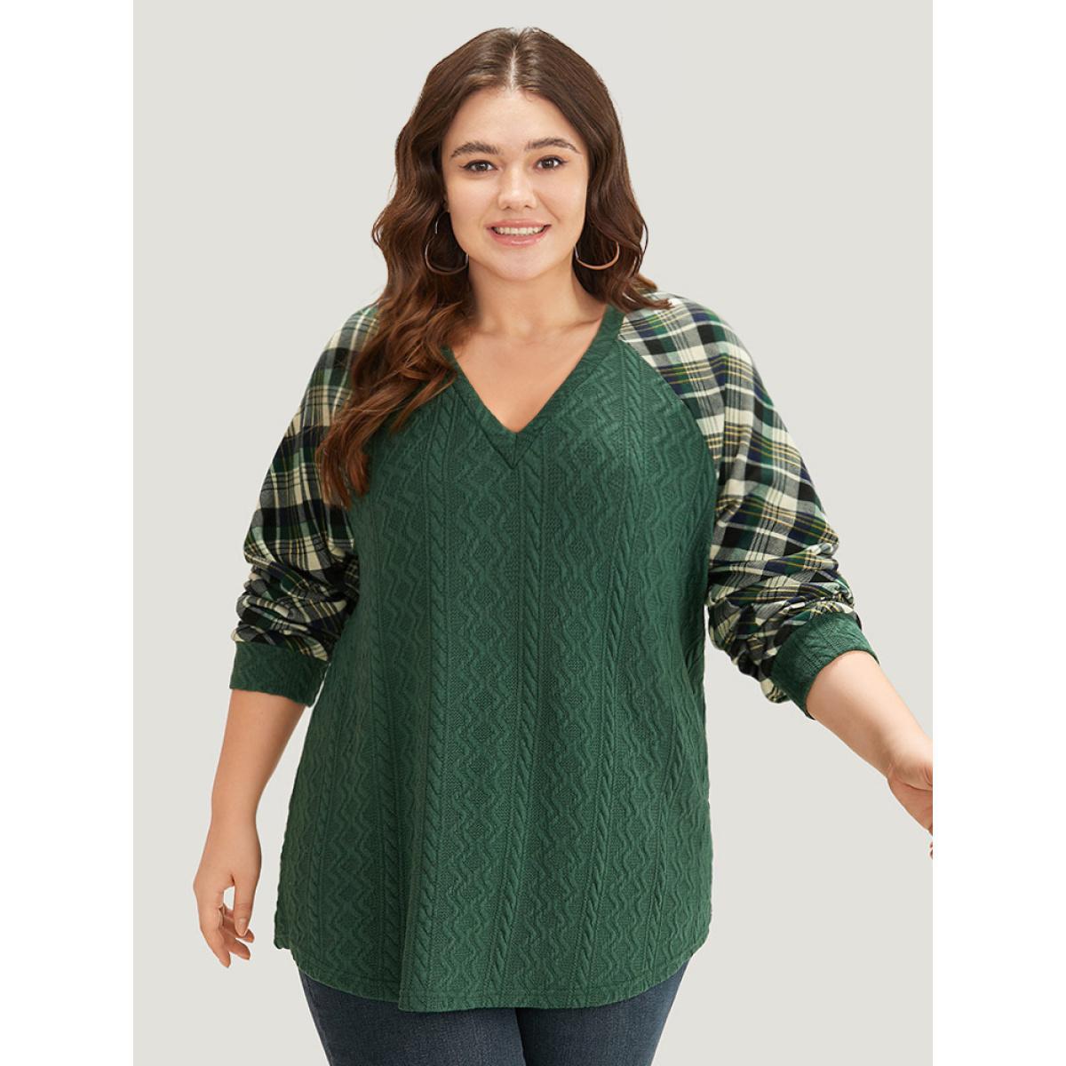 Plus Size Plaid Raglan Sleeve Patchwork Texture Sweatshirt Women DarkGreen Casual Elastic cuffs V-neck Dailywear Sweatshirts BloomChic 30/6X Product Image