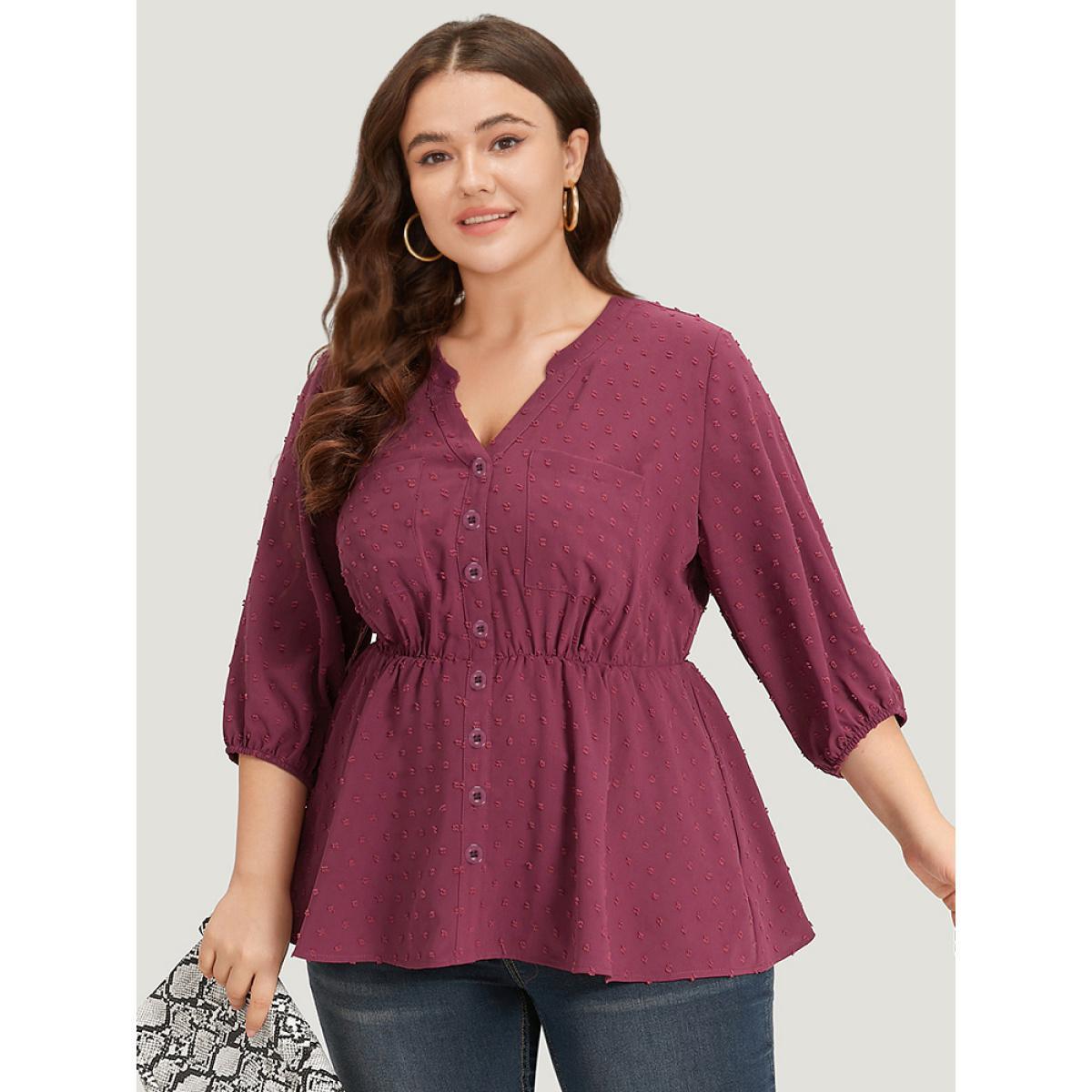 Plus Size Purple Plain Notched Button Through Lantern Sleeve Blouse Women Office Elbow-length sleeve Notched collar Work Blouses BloomChic 30/6X Product Image