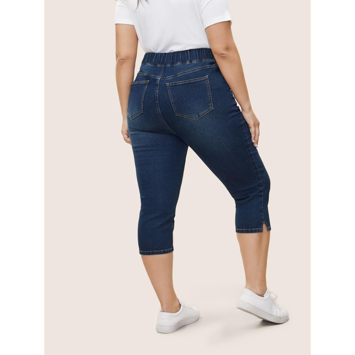Plus Size Split Side Elastic Waist Pull-On Jegging Jeans Women Blue Casual Plain Slit High stretch Slanted pocket Jeans BloomChic 28/5X Product Image