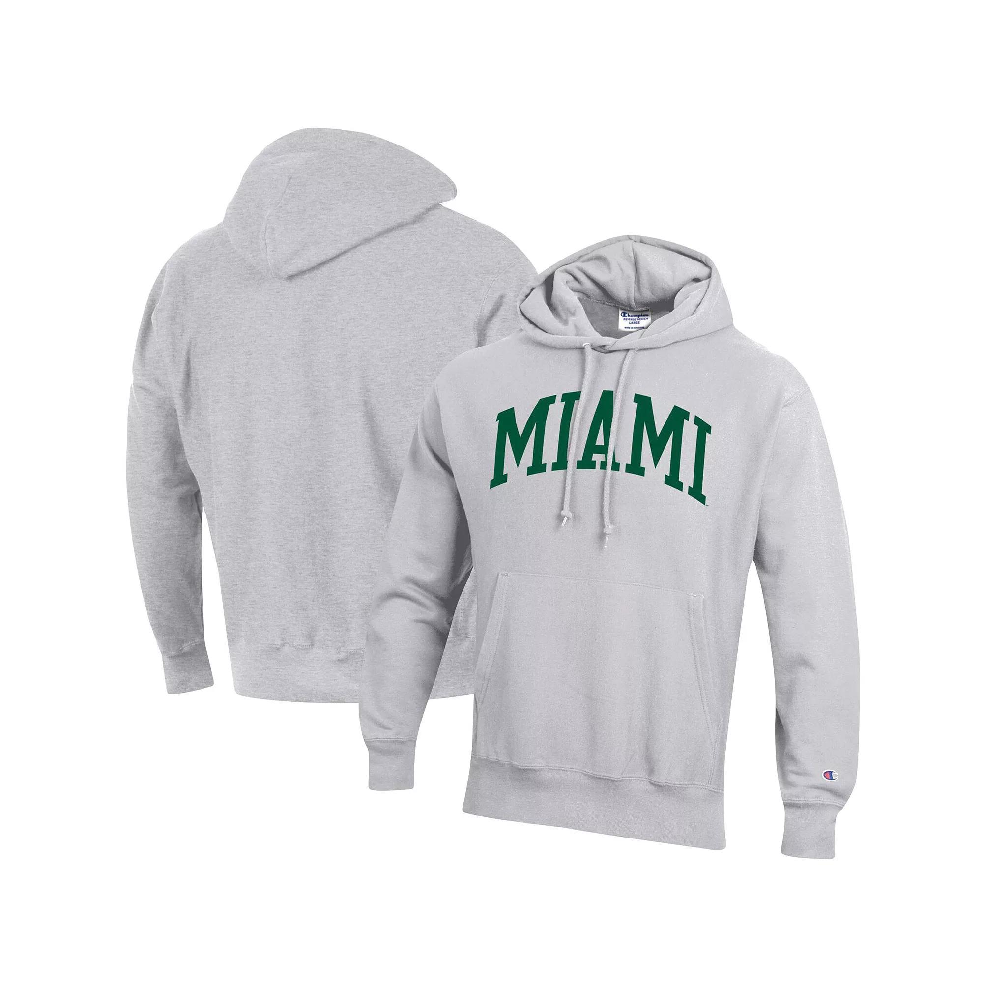 Men's Champion Heathered Gray Miami Hurricanes Team Arch Reverse Weave Pullover Hoodie, Size: Large, Grey Product Image