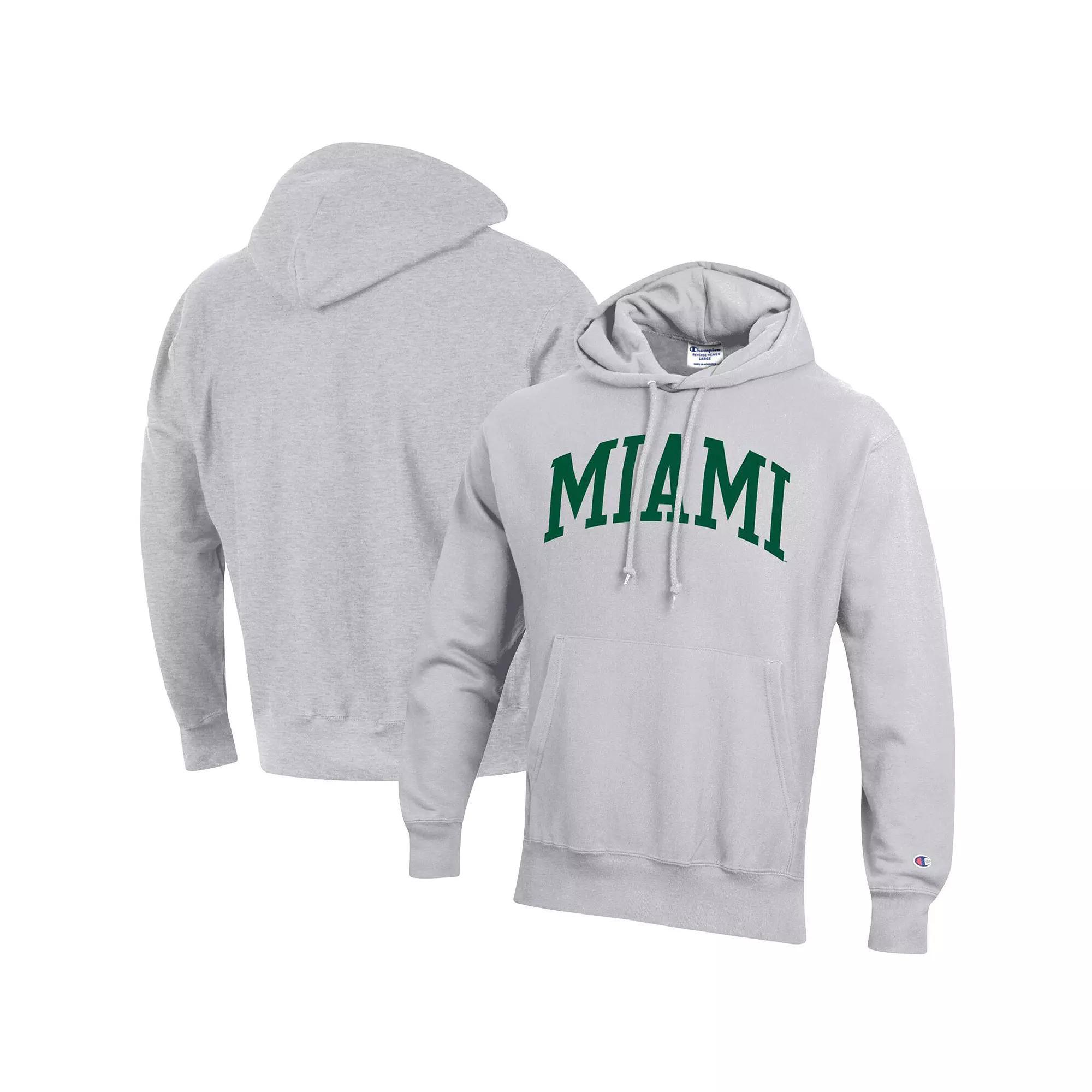 Men's Champion Heathered Gray Miami Hurricanes Team Arch Reverse Weave Pullover Hoodie, Size: Large, Grey Product Image