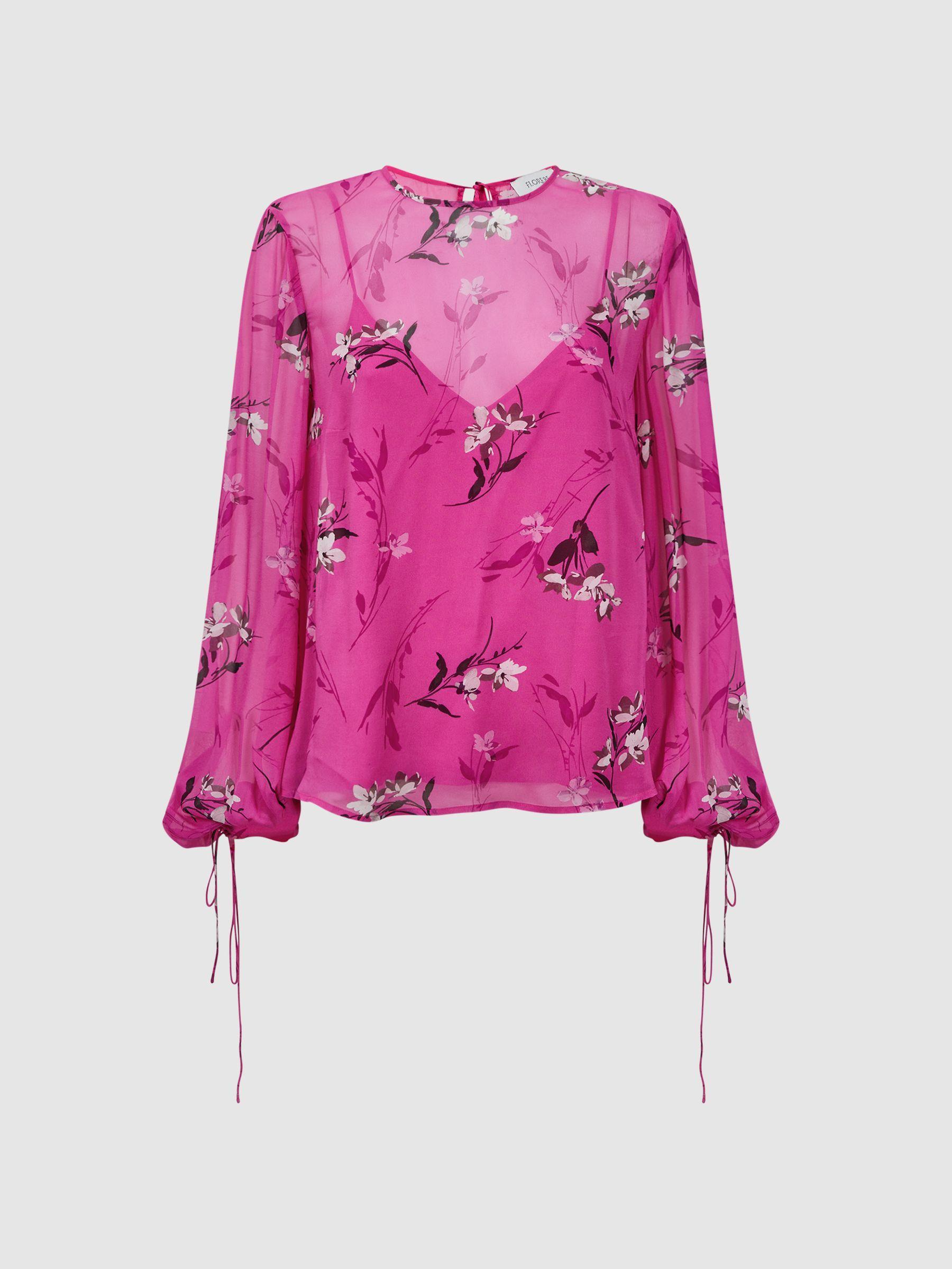 Florere Sheer Floral Top in Bright Pink Product Image