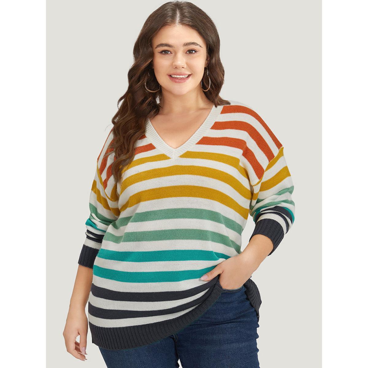 Plus Size Rainbow Print V Neck Elastic Cuffs Pullover Multicolor Women Casual Loose Long Sleeve V-neck Dailywear Pullovers BloomChic 26/4X Product Image