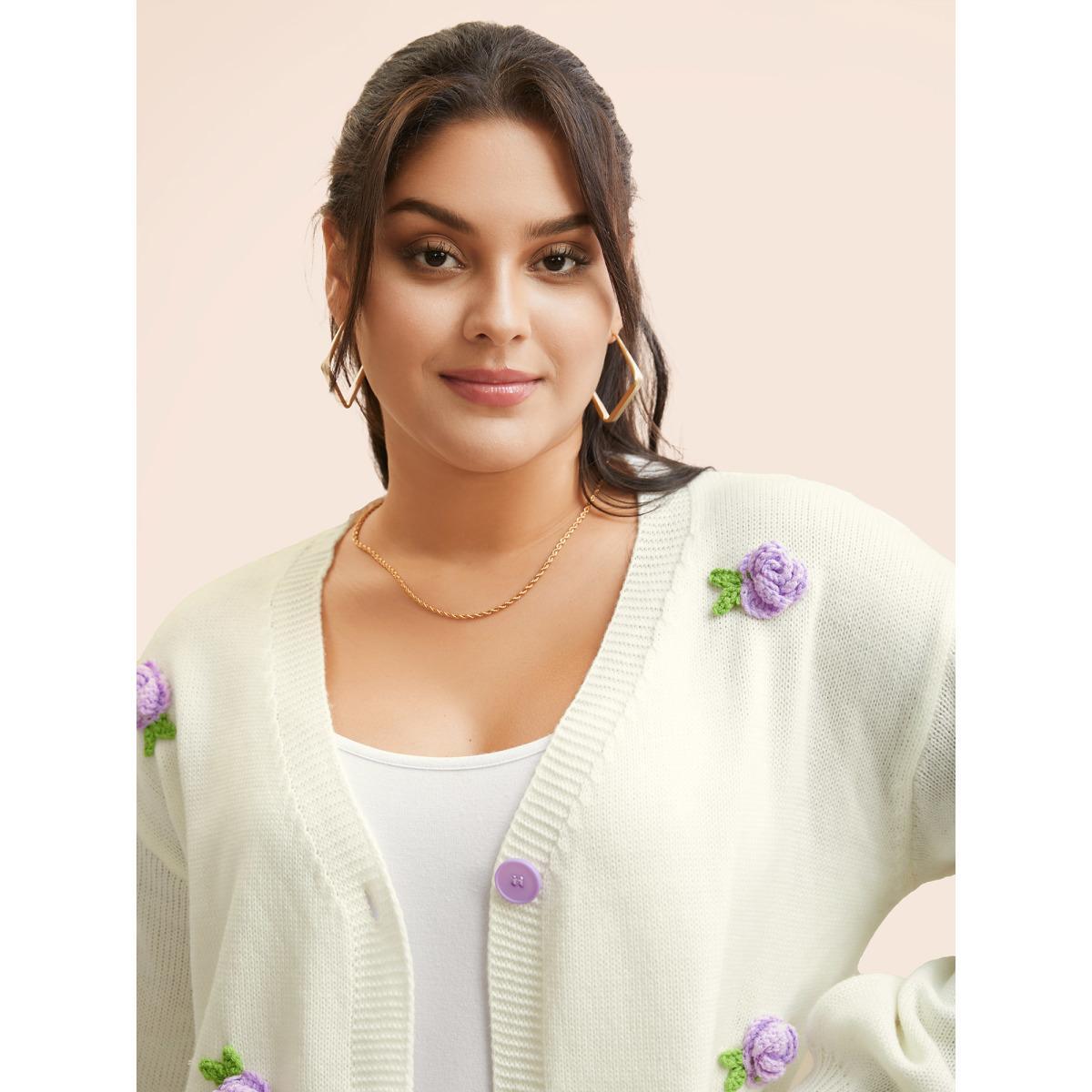 Plus Size Crochet Floral Contrast Button Up Cardigan Ivory Women Casual Loose Long Sleeve Everyday Cardigans BloomChic 22-24/3X Product Image