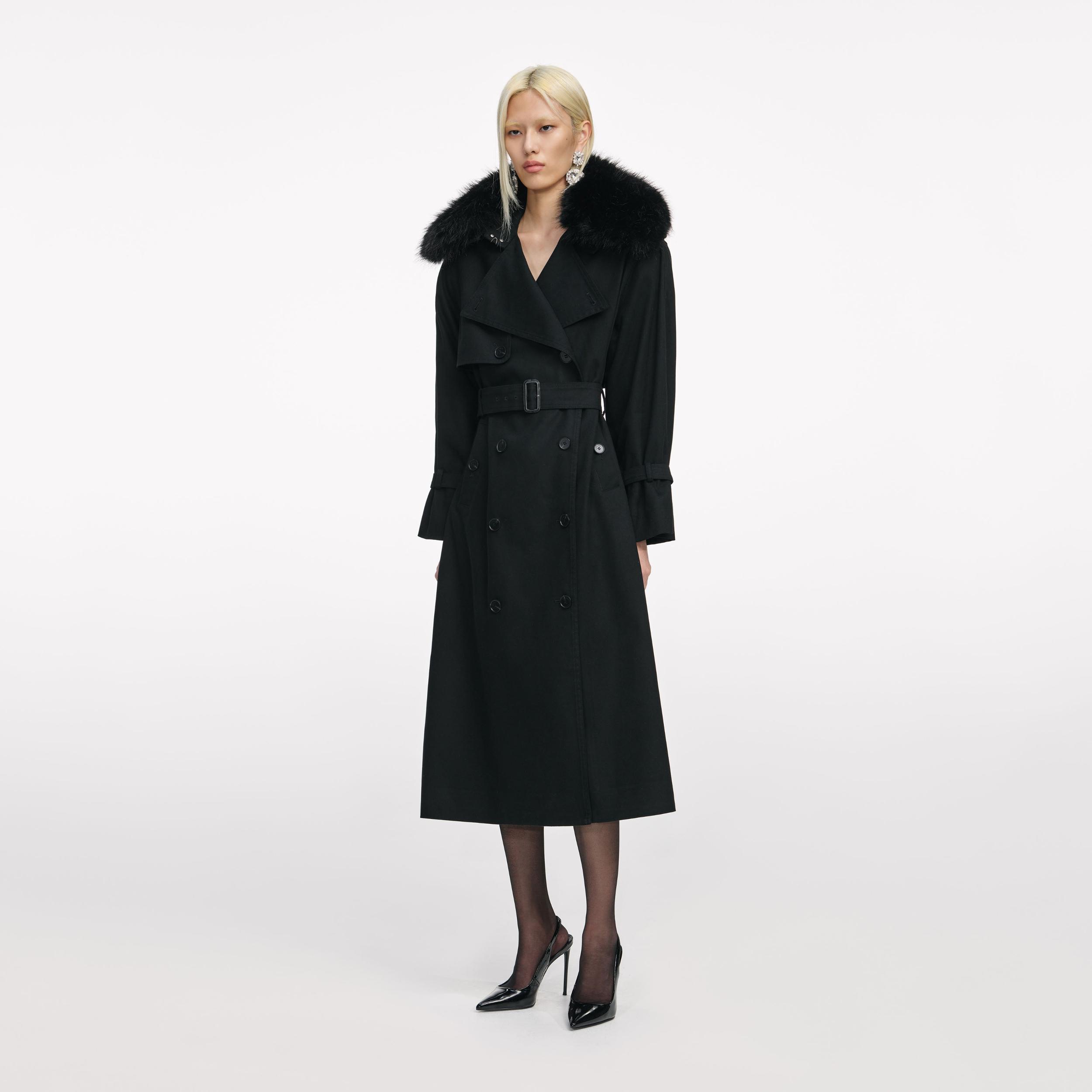 Black Twill Fur Collar Trench Coat Product Image