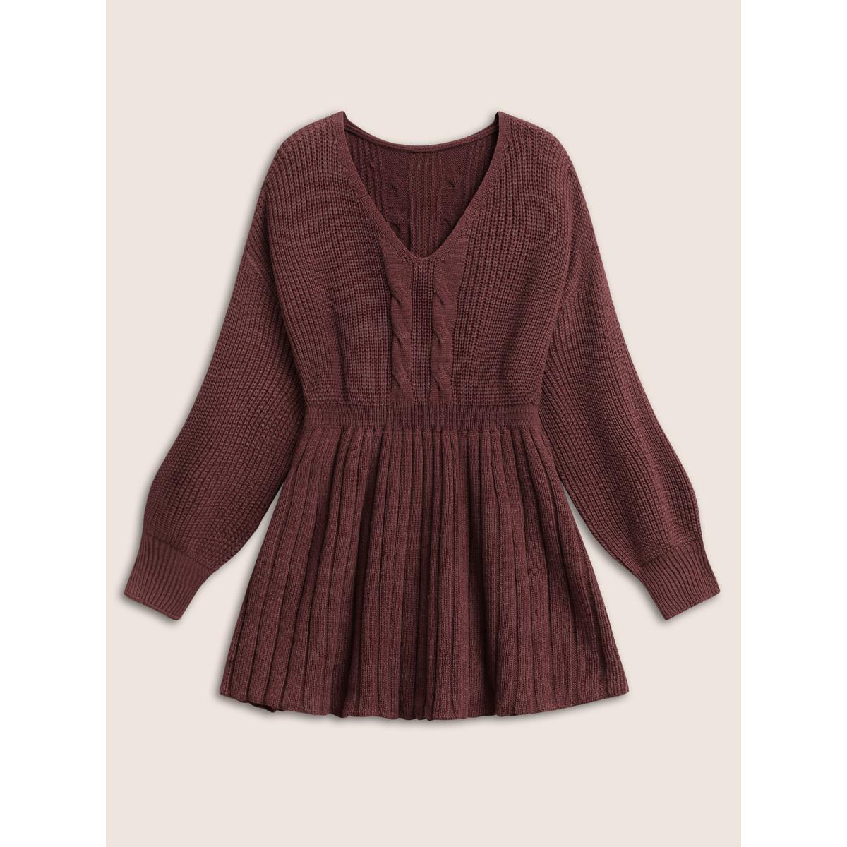 Plus Size Solid Cable Knit Elastic Waist Pullover Maroon Women Casual Long Sleeve V-neck Everyday Pullovers BloomChic 18-20/2X Product Image
