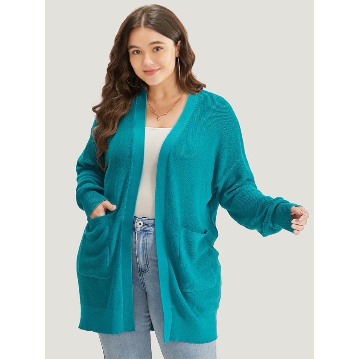 Plus Size Solid Open Front Patched Pocket Cardigan Emerald Women Casual Loose Long Sleeve Dailywear Cardigans BloomChic 10/M Product Image