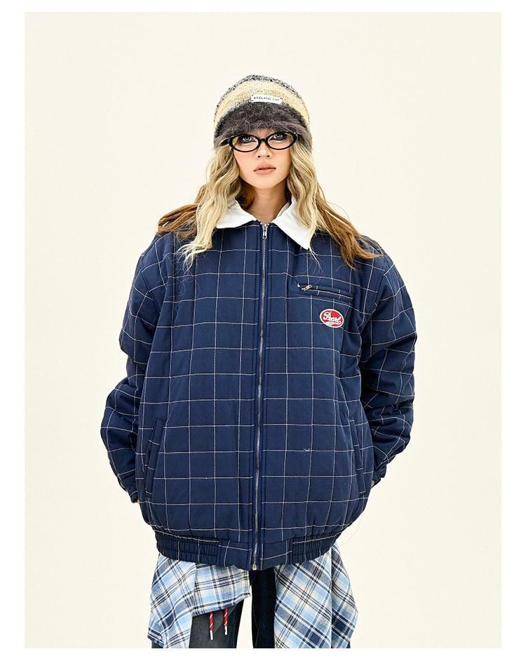 Collared Plaid Zip Up Puffer Bomber Jacket Product Image