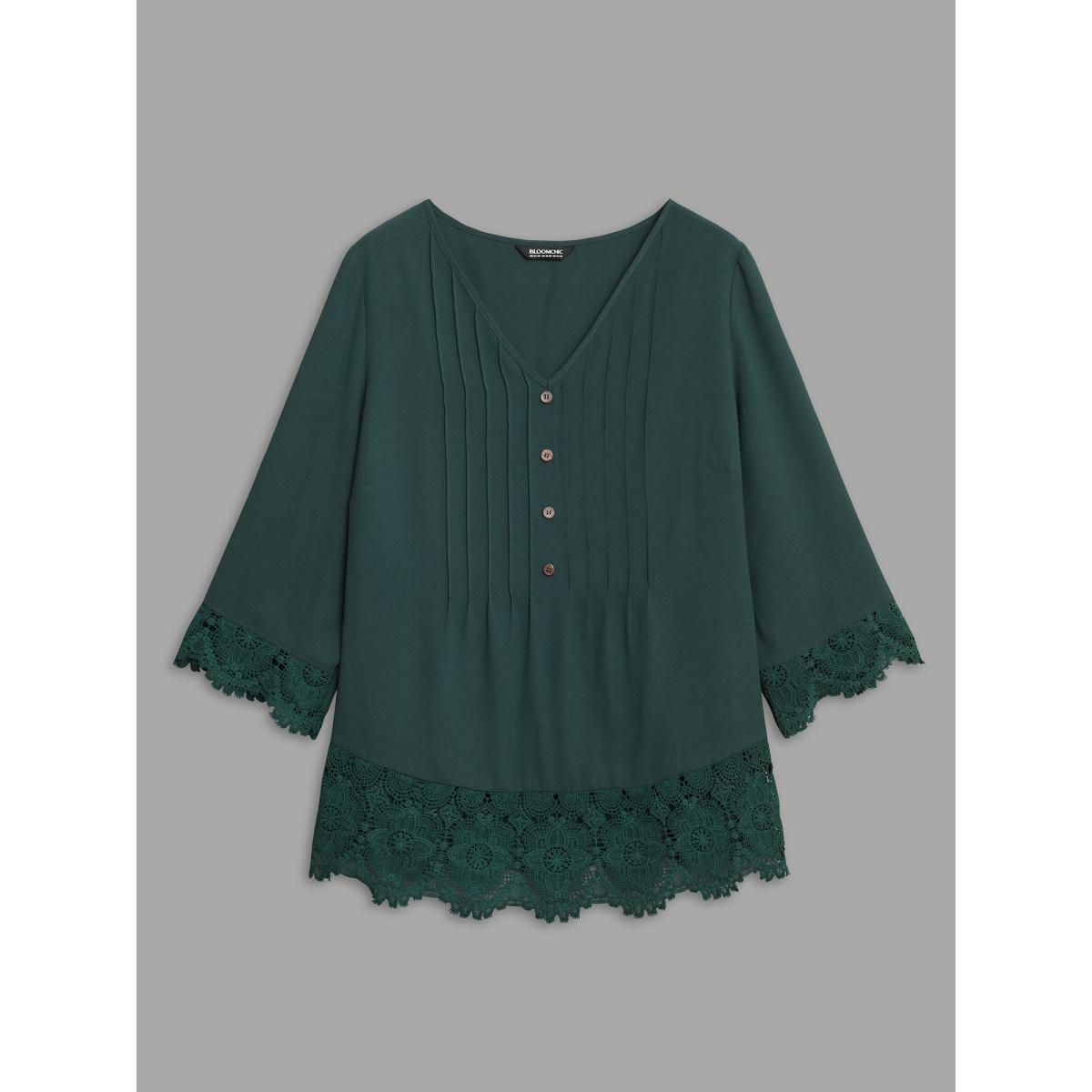 Plus Size DarkGreen V Neck Plicated Detail Contrast Lace Blouse Women Casual Elbow-length sleeve V-neck Everyday Blouses BloomChic 22-24/3X Product Image