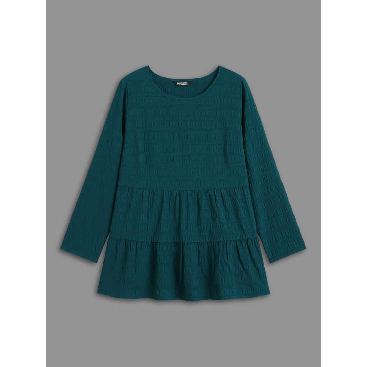 Plus Size Cyan Textured Round Neck Tiered Hem Blouse Women Casual Long Sleeve Round Neck Everyday Blouses BloomChic 18-20/2X Product Image