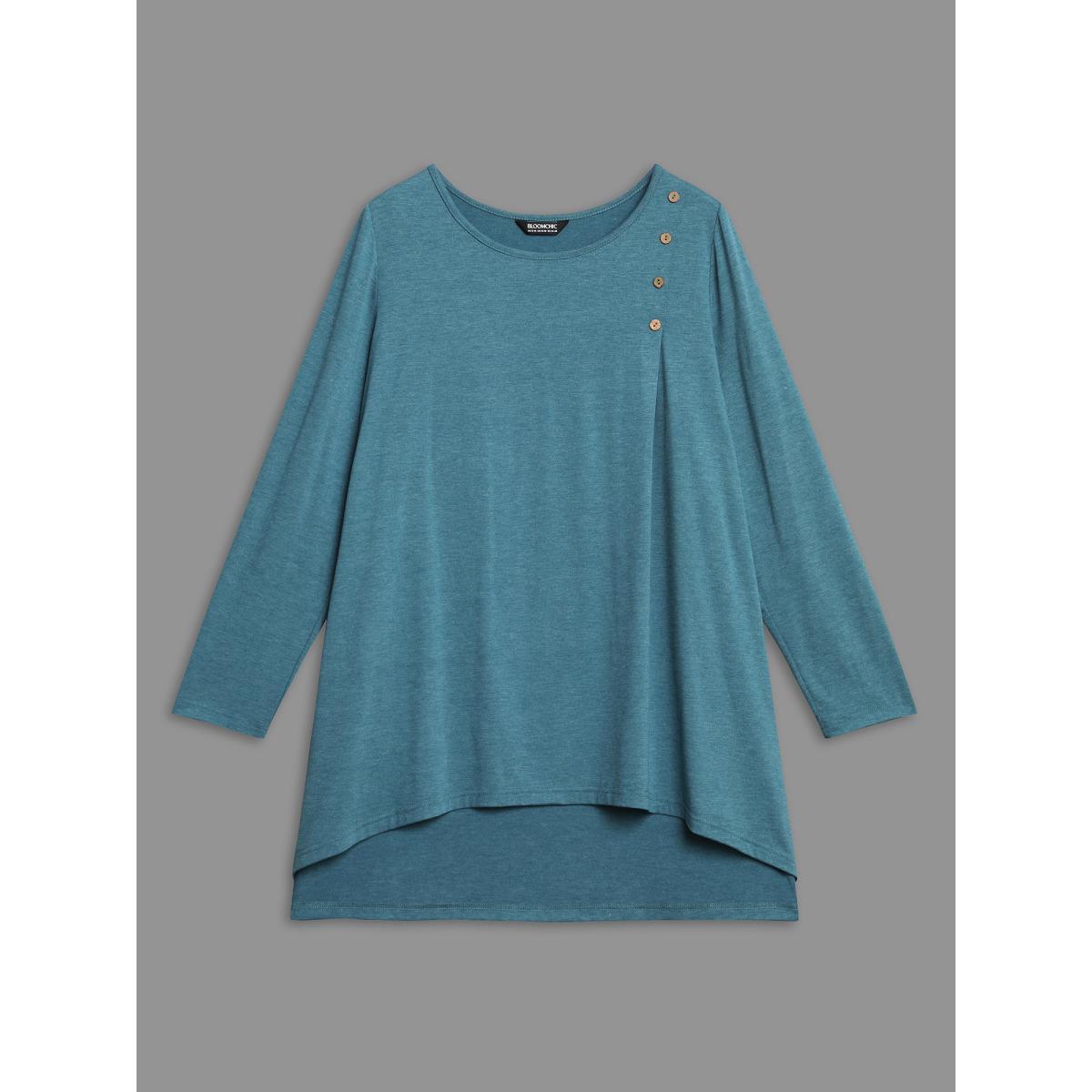 Plus Size Shoulder Button Hi-Low Hem Flared T-Shirt Teal Women Casual Button Round Neck Loose Everyday T-shirts BloomChic 10/M Product Image