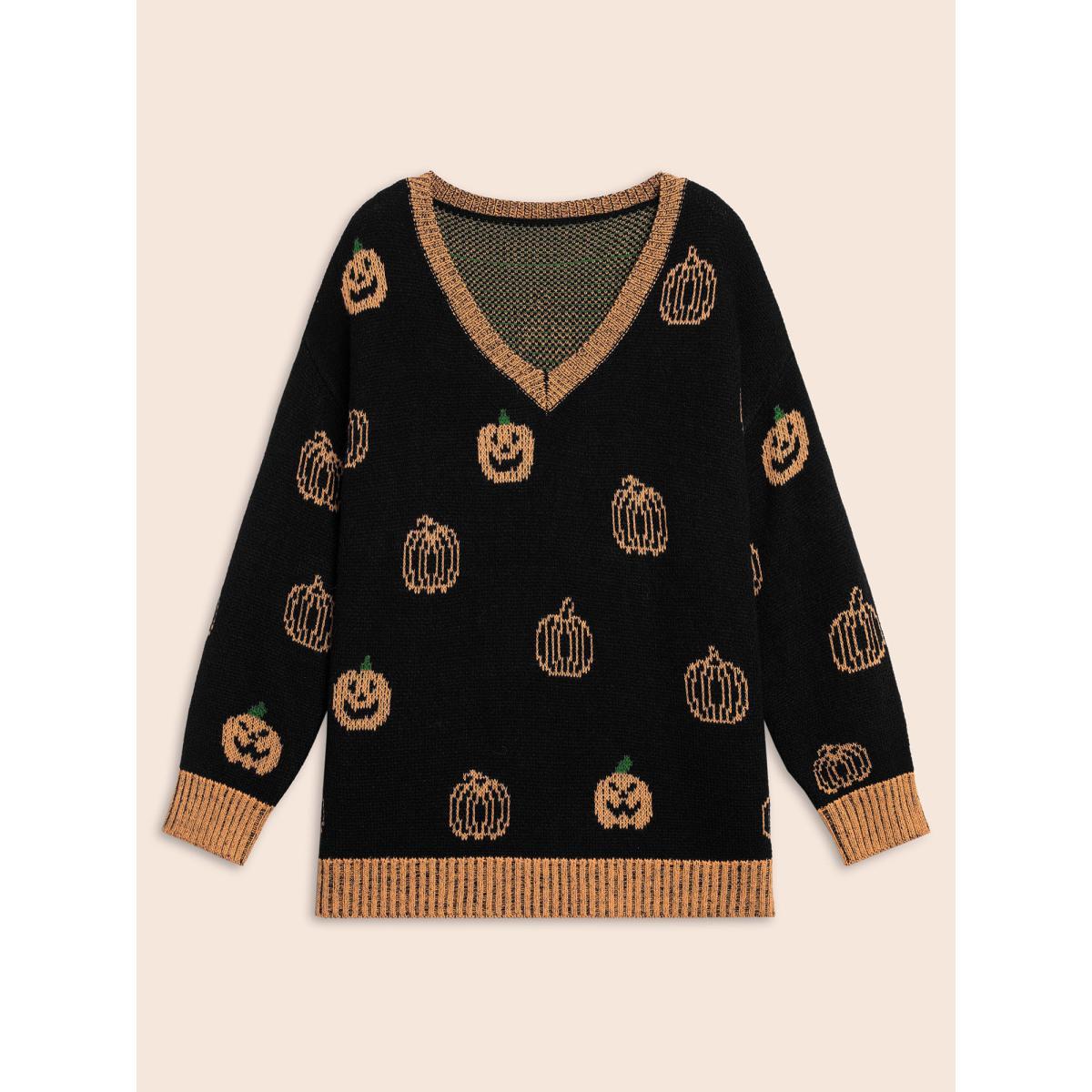 Plus Size Pumpkin Patch Contrasting Color Hemline Pullover Black Women Casual Loose Long Sleeve V-neck Everyday Pullovers BloomChic 18-20/2X Product Image
