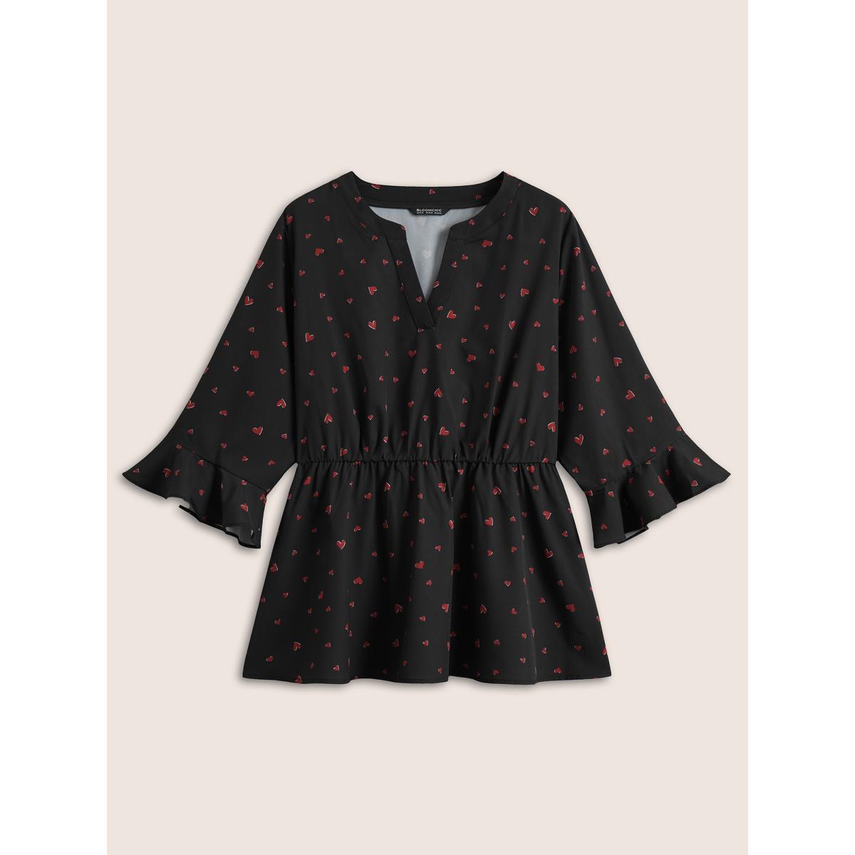 Plus Size Black Heart Print Flutter Sleeve Elastic Waist Blouse Women Elegant Elbow-length sleeve V-neck Everyday Blouses BloomChic 30/6X Product Image