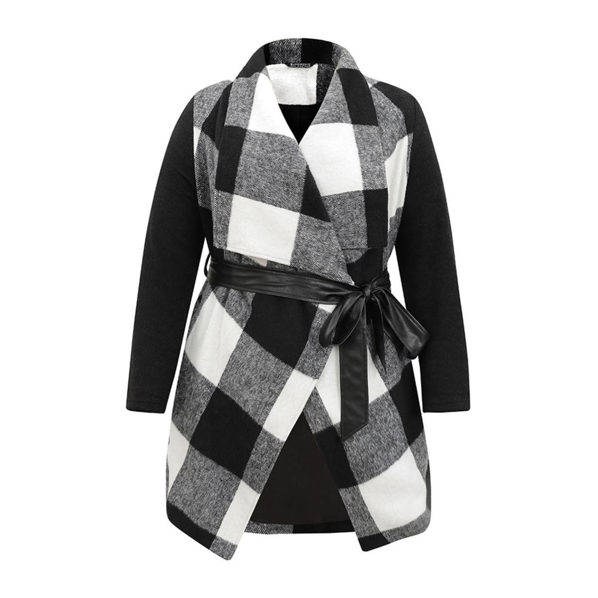Plus Size Plaid Lapel Collar PU Leather Belted Coat Women Black Casual Belted Ladies Dailywear Winter Coats BloomChic 12/L Product Image