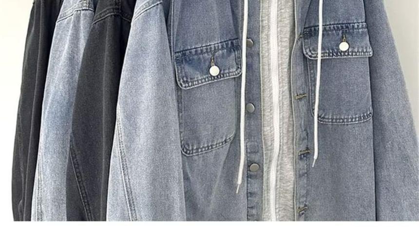 Collared Mock Two-Piece Washed Hooded Zip-Up Denim Jacket Product Image