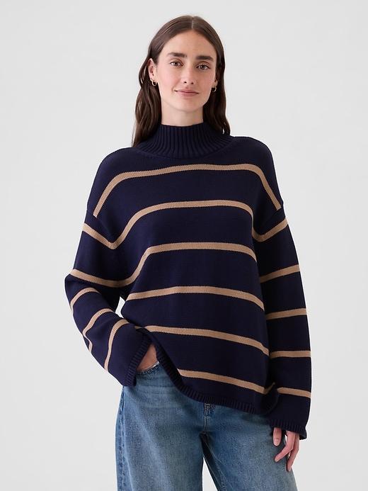 100% Cotton Oversized Split-Hem Mockneck Sweater Product Image