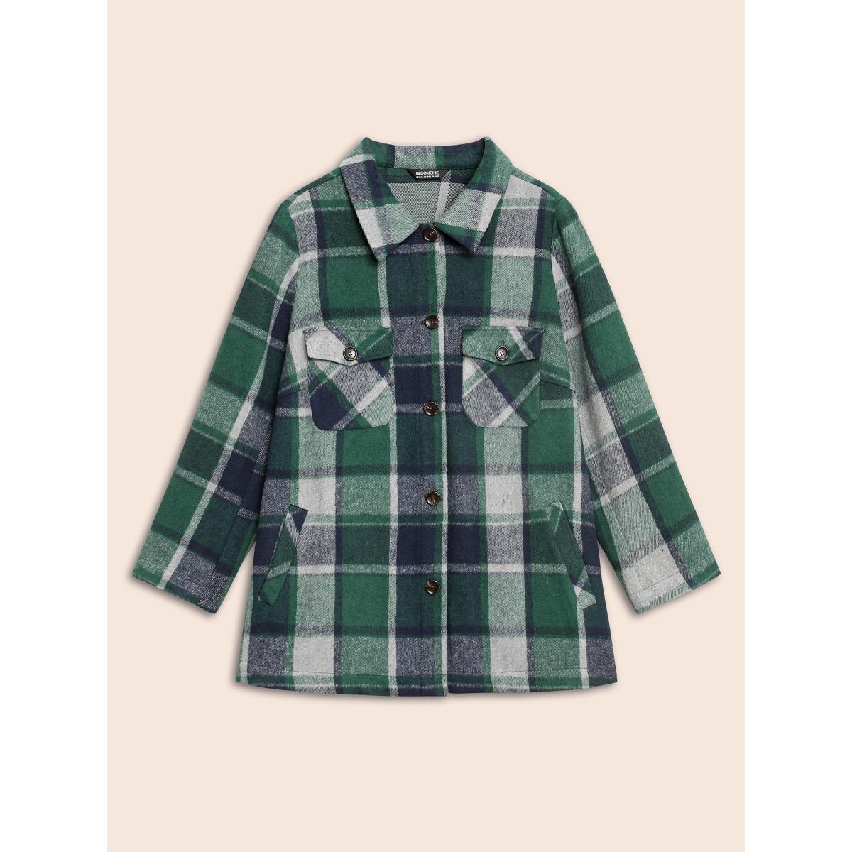 Plus Size Plaid Shirt Collar Patched Pocket Jacket Women DarkGreen Button Loose Slanted pocket Everyday Jackets BloomChic 30/6X Product Image