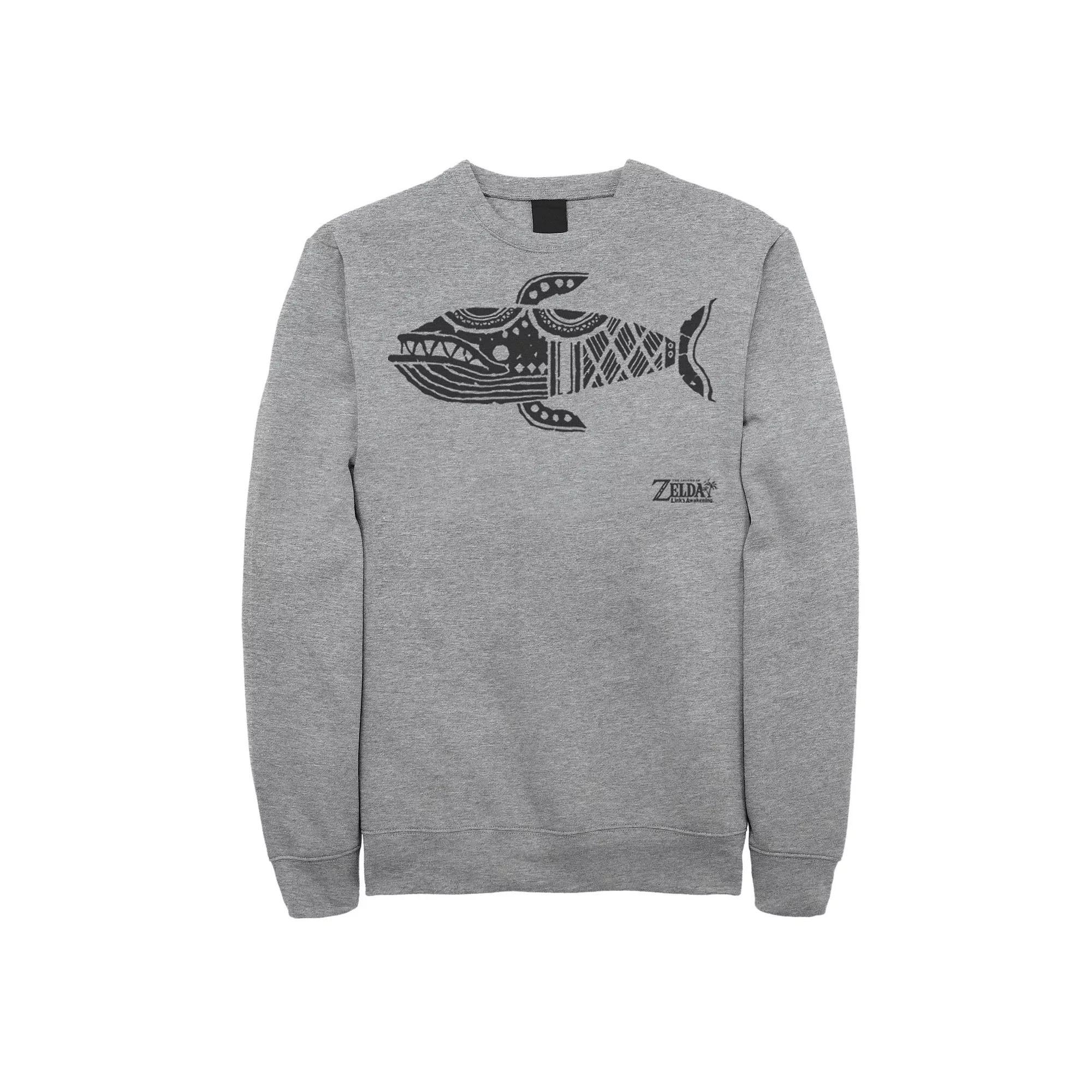 Mens Nintendo Legend Of Zelda Links Awakening Whale Glyph Portrait Logo Graphic Fleece Pullover Athletic Grey Product Image