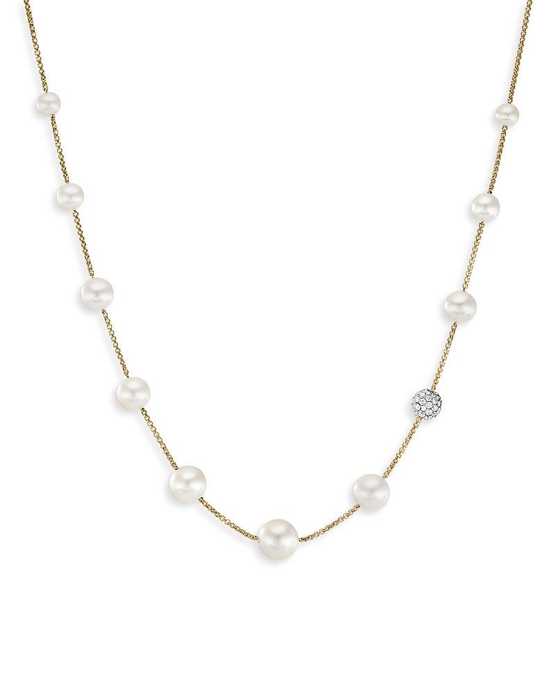 Womens Pearl and Pav Station Necklace in 18K Yellow Gold Product Image