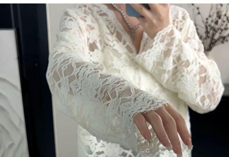 Long-Sleeve V-Neck Floral Lace Button Top Product Image