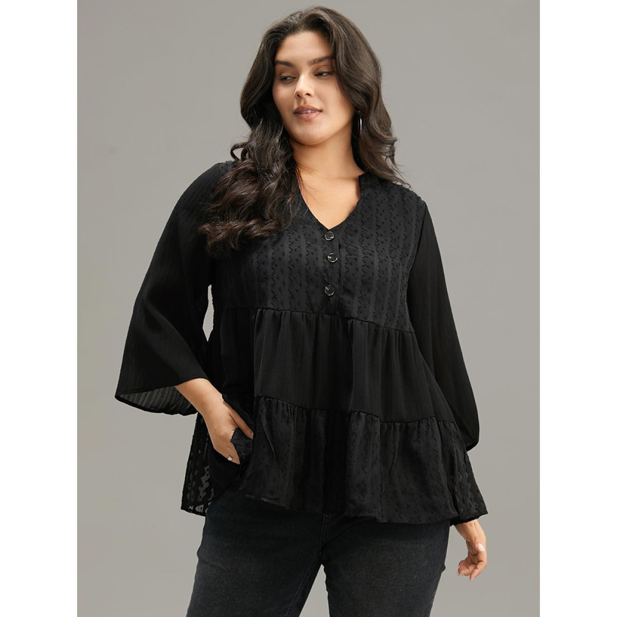 Plus Size Black Plain Textured V Neck Elastic Waist Ruffle Hem Blouse Women Elegant Elbow-length sleeve V-neck Dailywear Blouses BloomChic 22-24/3X Product Image