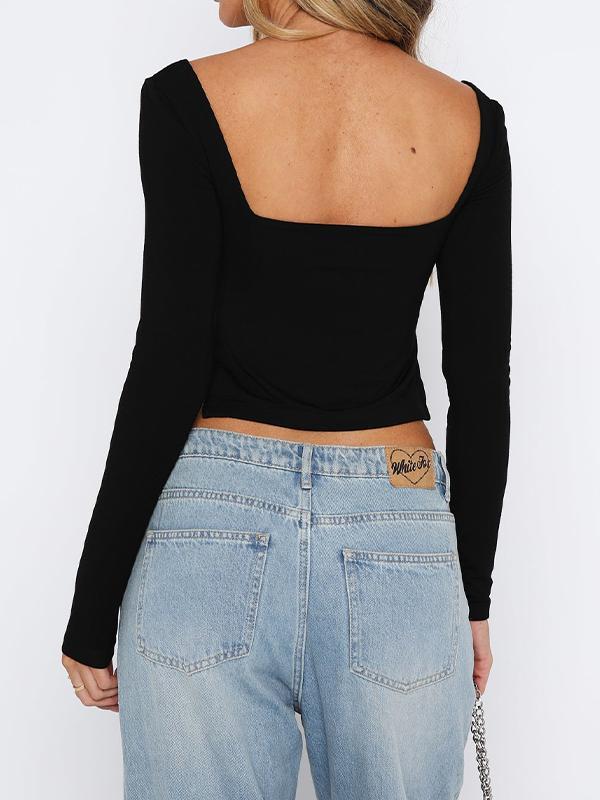 Square Neck Long Sleeve Slit Long Sleeve Tee Product Image