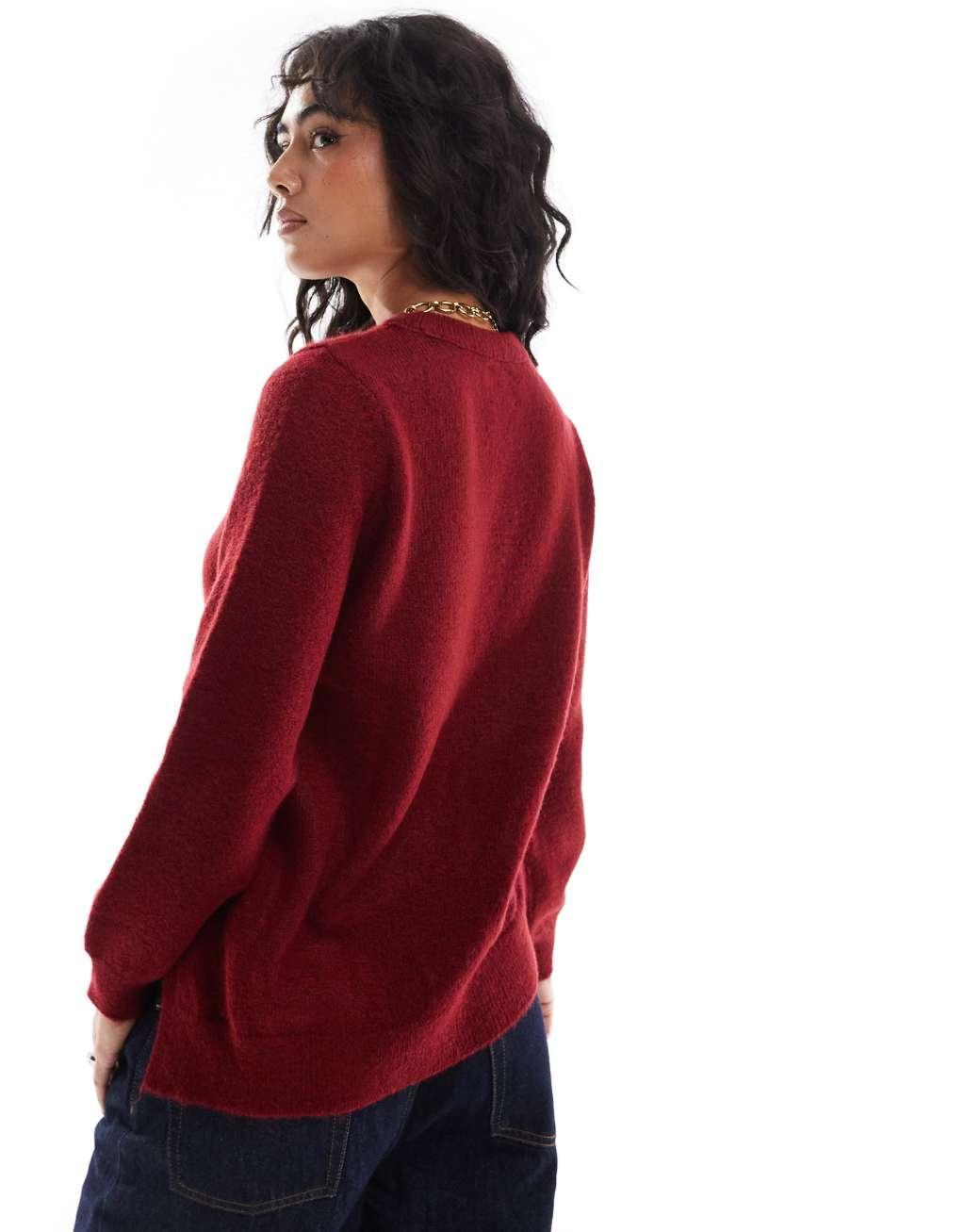 ASOS DESIGN knitted asymmetric sweater with ruched side in burgundy Product Image