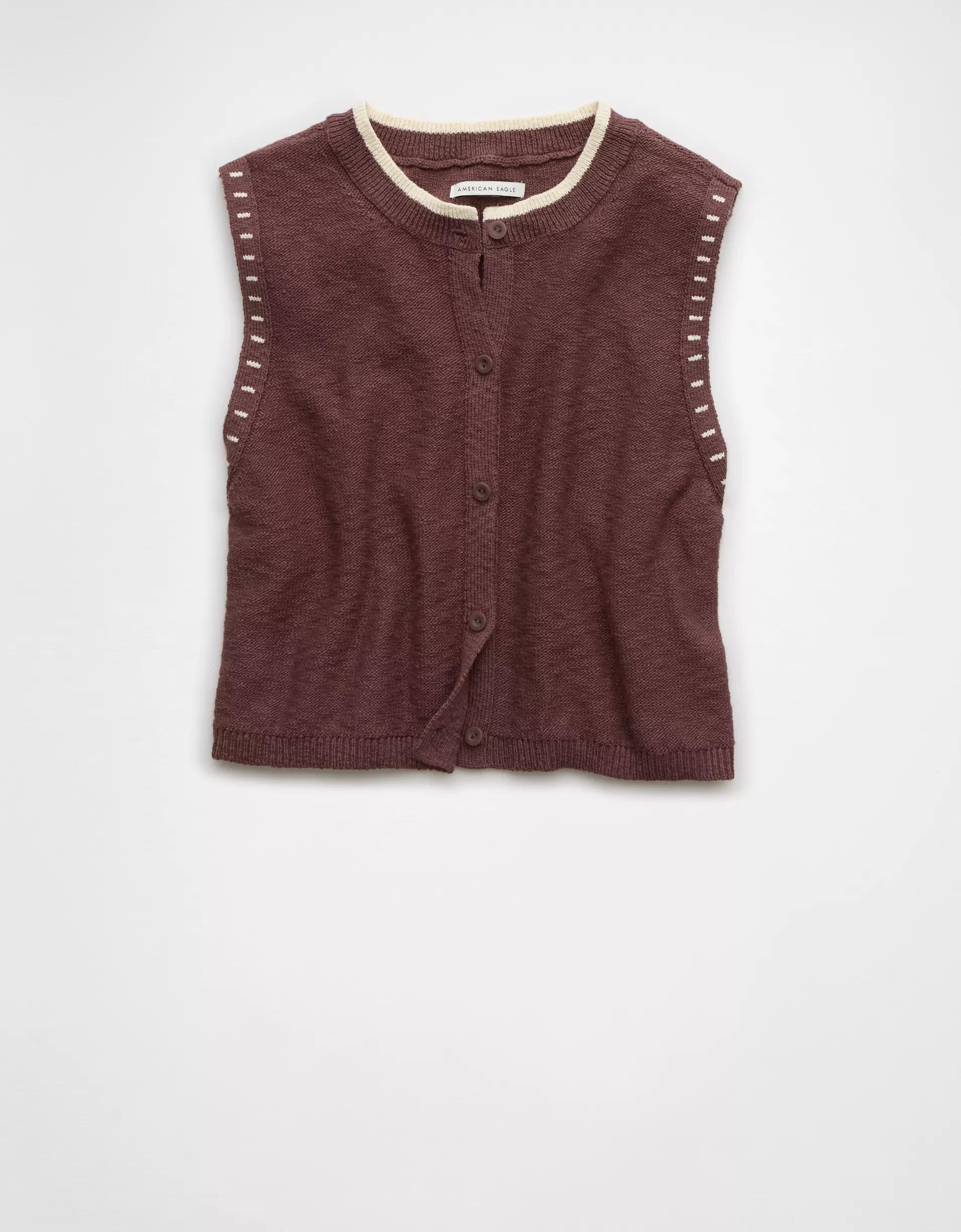 AE Crew Neck Button-Up Sweater Vest Product Image