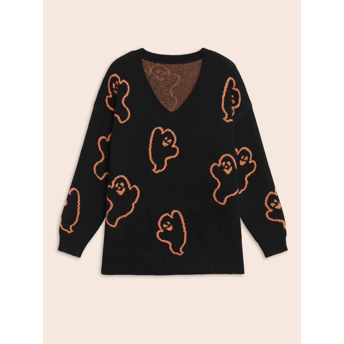 Plus Size Spooky Ghost Pattern V-Neck Pullover Black Women Casual Loose Long Sleeve V-neck Everyday Pullovers BloomChic 26/4X Product Image